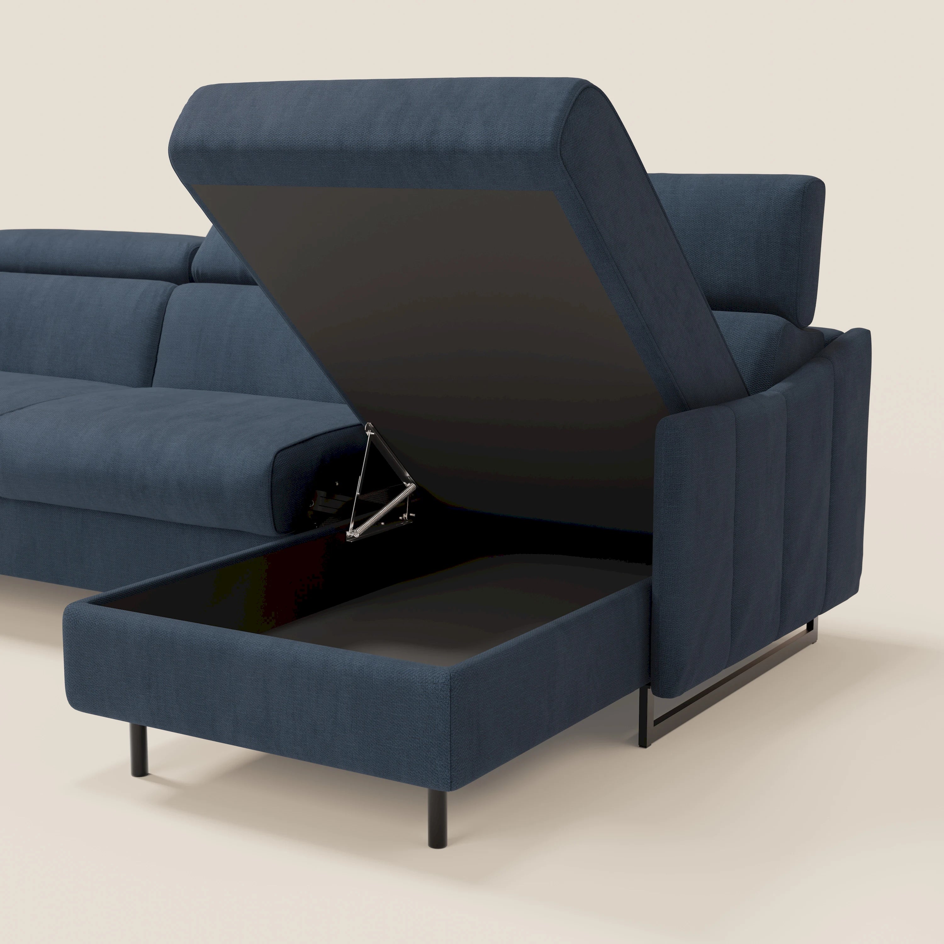 Loto Divano Letto Angolare con Penisola contenitore, Poggiatesta, Materasso Alto H18 in morbido tessuto impermeabile T14 - divani.store