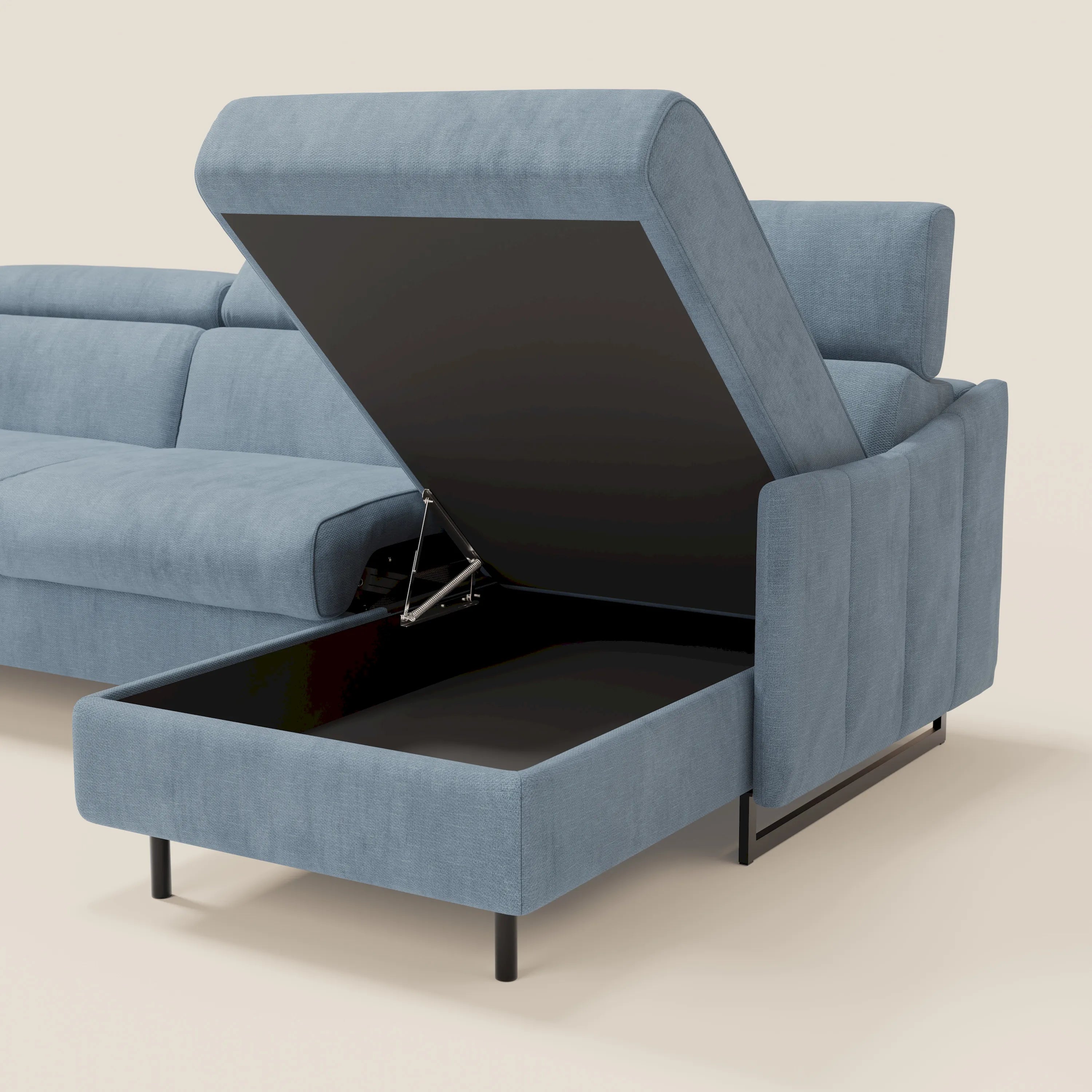 Loto Divano Letto Angolare con Penisola contenitore, Poggiatesta, Materasso Alto H18 in morbido tessuto impermeabile T14 - divani.store