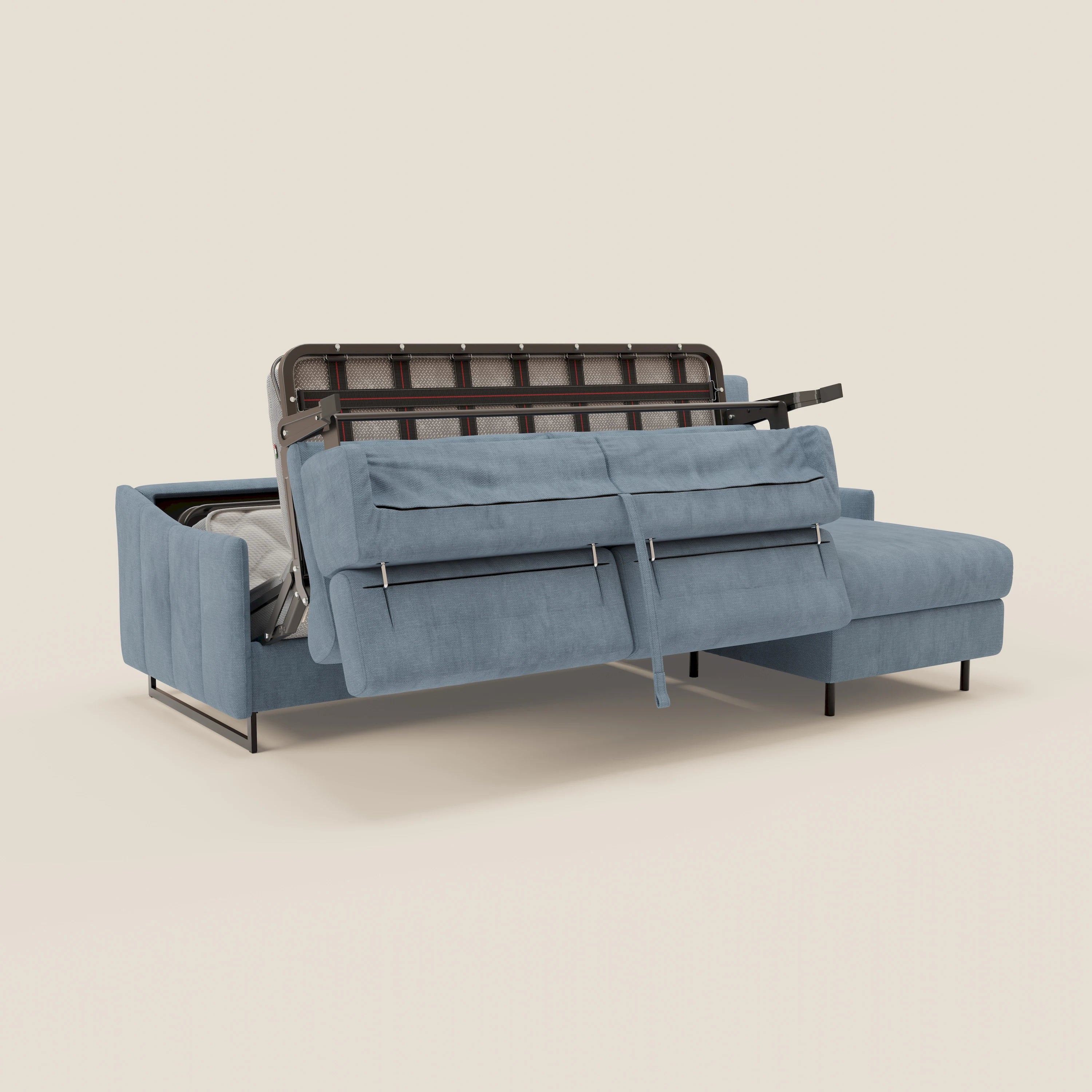 Loto Divano Letto Angolare con Penisola contenitore, Poggiatesta, Materasso Alto H18 in morbido tessuto impermeabile T14 - divani.store