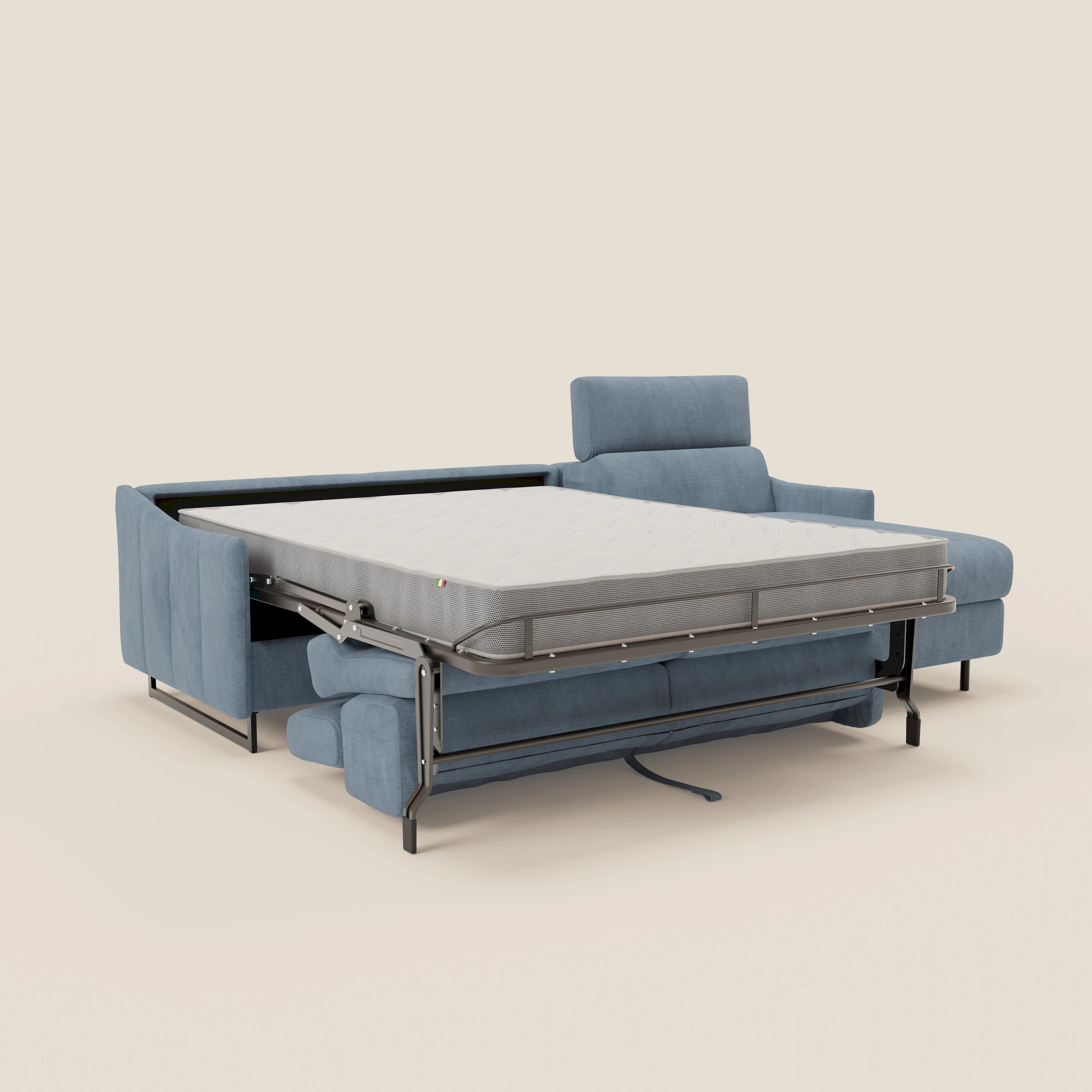 Loto Divano Letto Angolare con Penisola contenitore, Poggiatesta, Materasso Alto H18 in morbido tessuto impermeabile T14 - divani.store