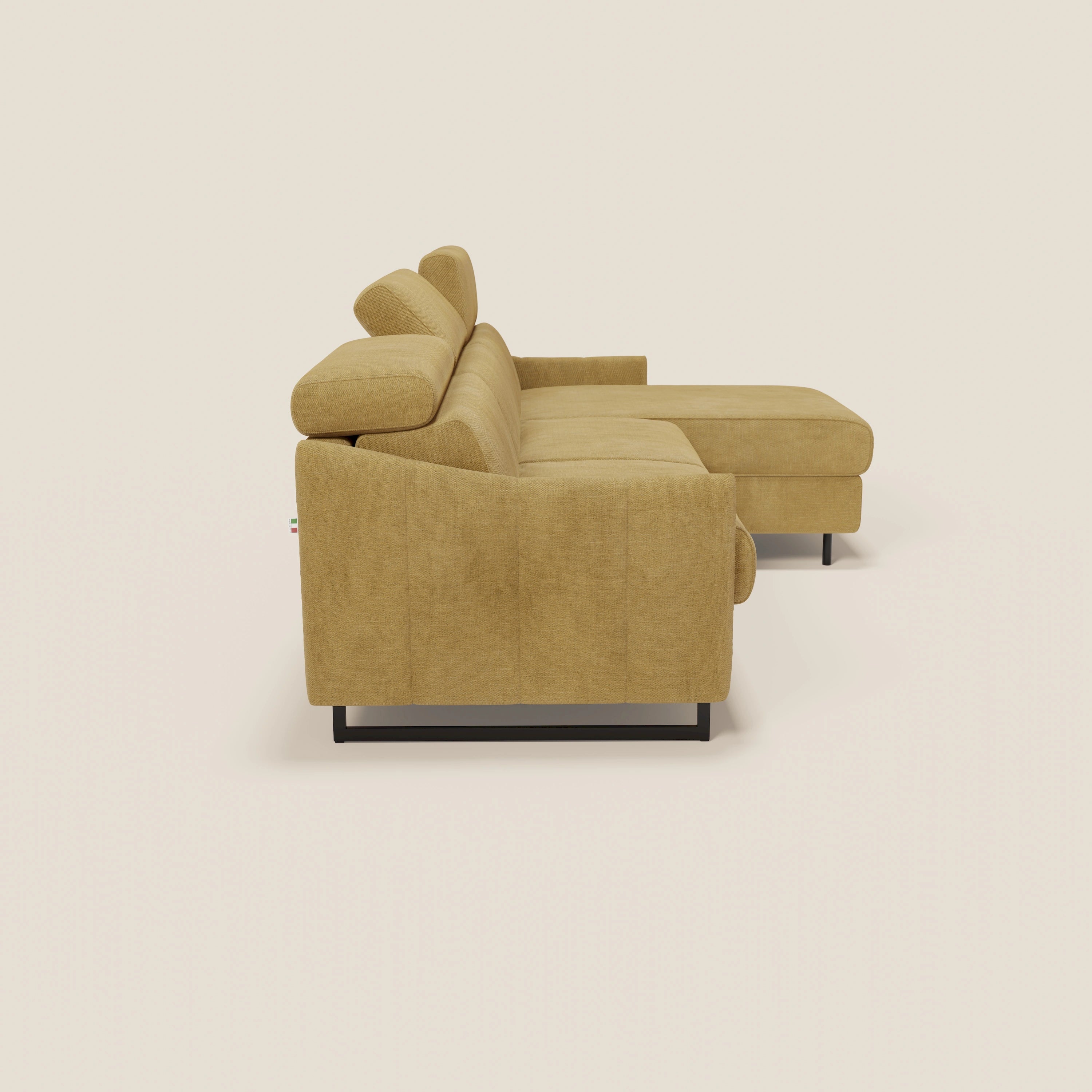 Loto Divano Letto Angolare con Penisola contenitore, Poggiatesta, Materasso Alto H18 in morbido tessuto impermeabile T14 - divani.store