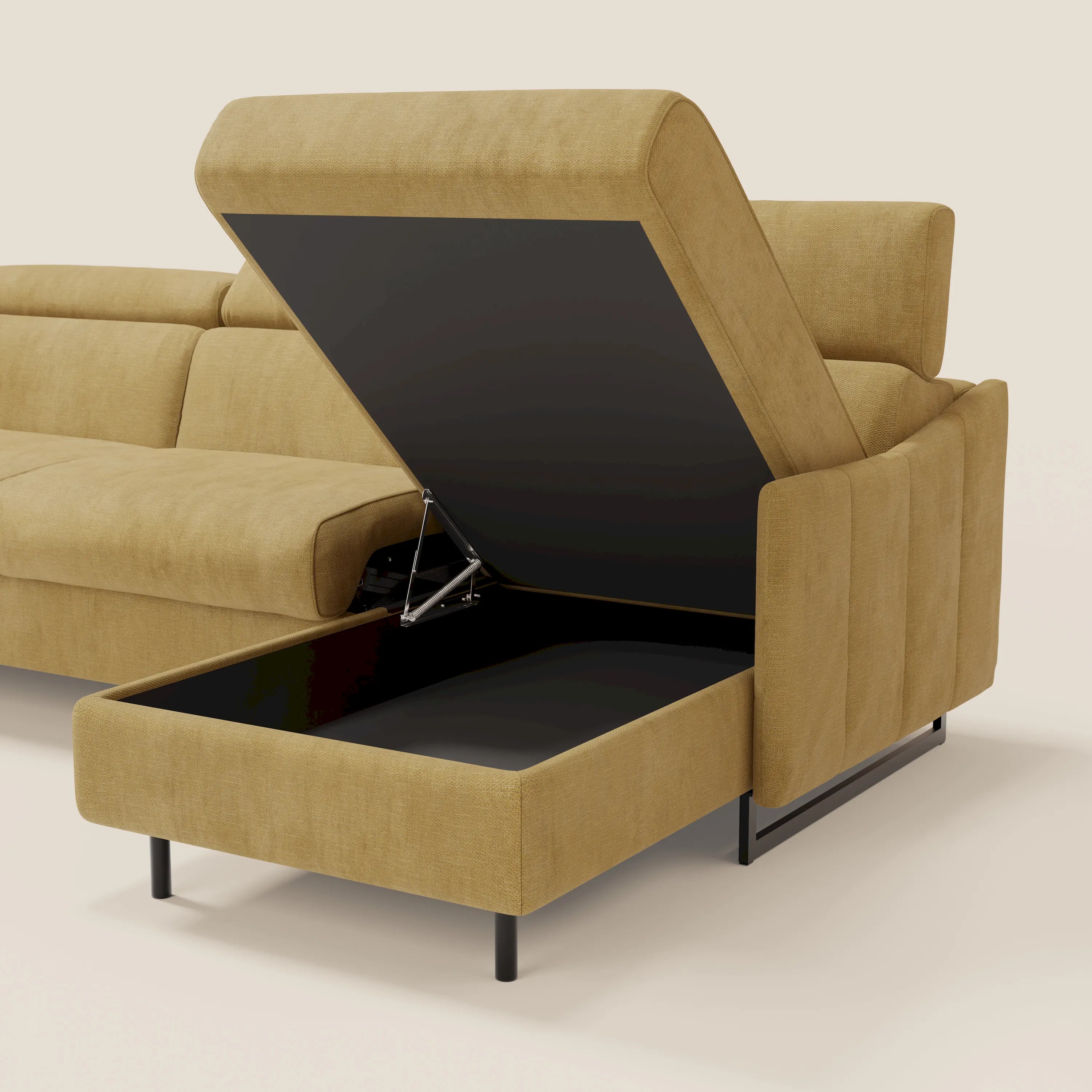 Loto Divano Letto Angolare con Penisola contenitore, Poggiatesta, Materasso Alto H18 in morbido tessuto impermeabile T14 - divani.store