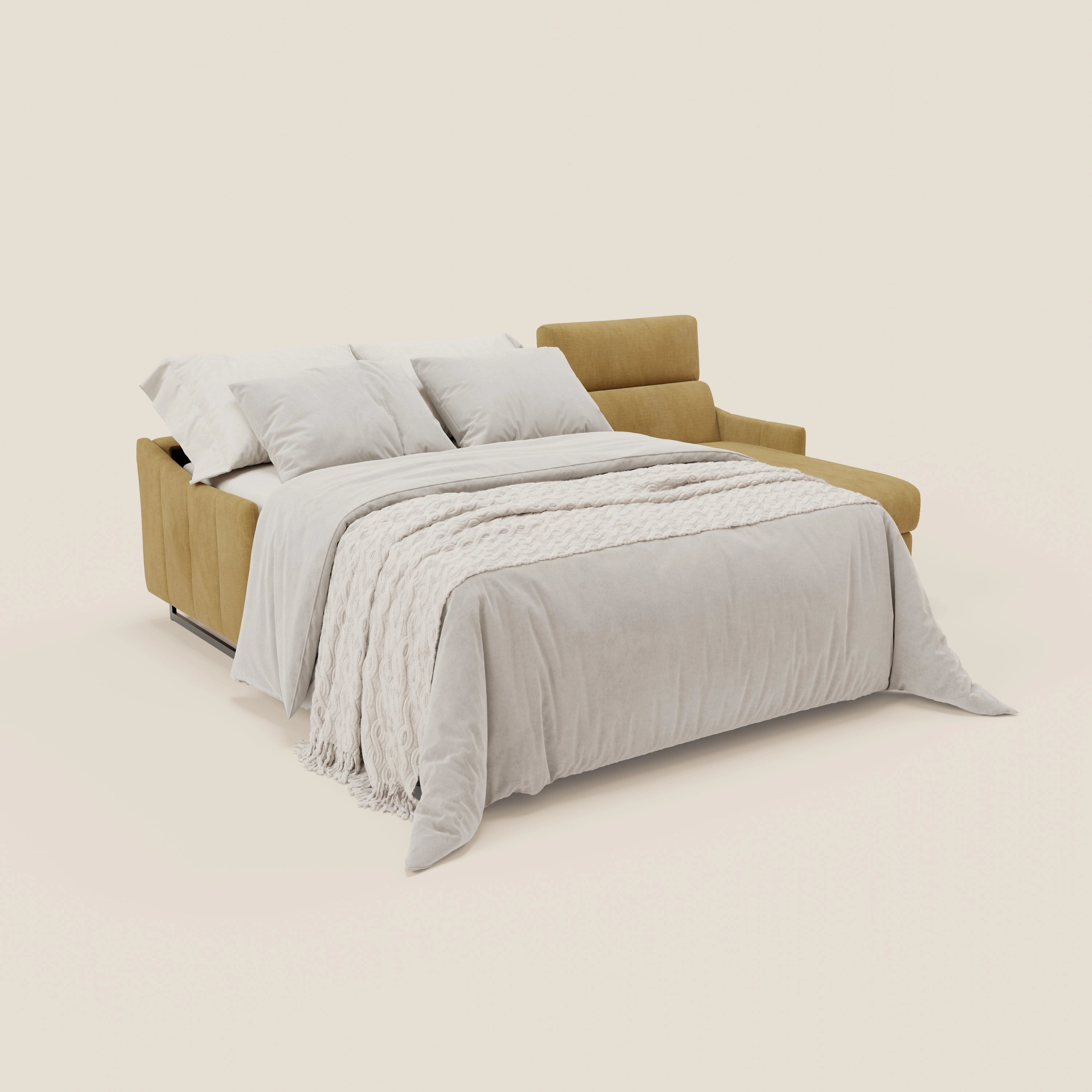 Loto Divano Letto Angolare con Penisola contenitore, Poggiatesta, Materasso Alto H18 in morbido tessuto impermeabile T14 - divani.store