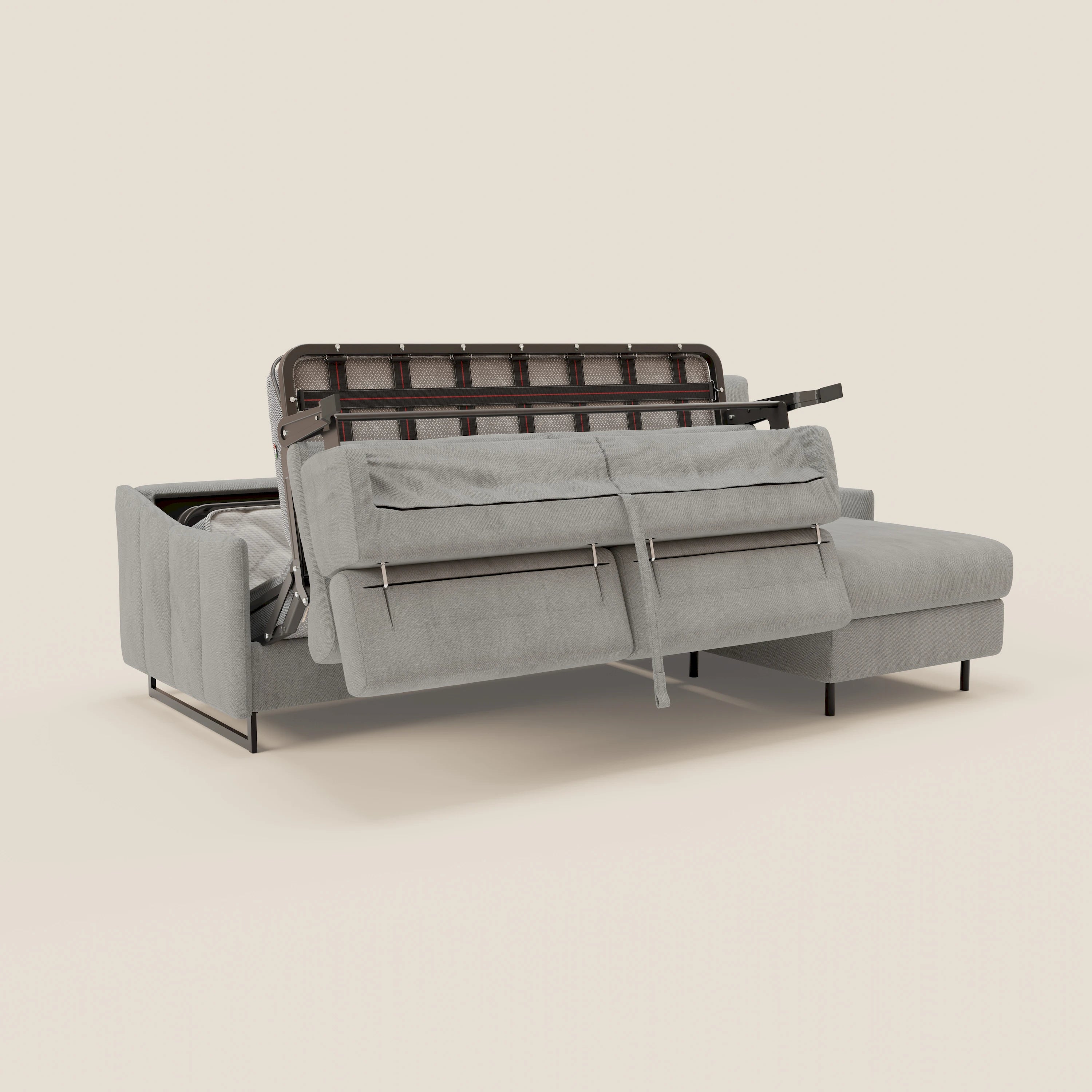 Loto Divano Letto Angolare con Penisola contenitore, Poggiatesta, Materasso Alto H18 in morbido tessuto impermeabile T14 - divani.store