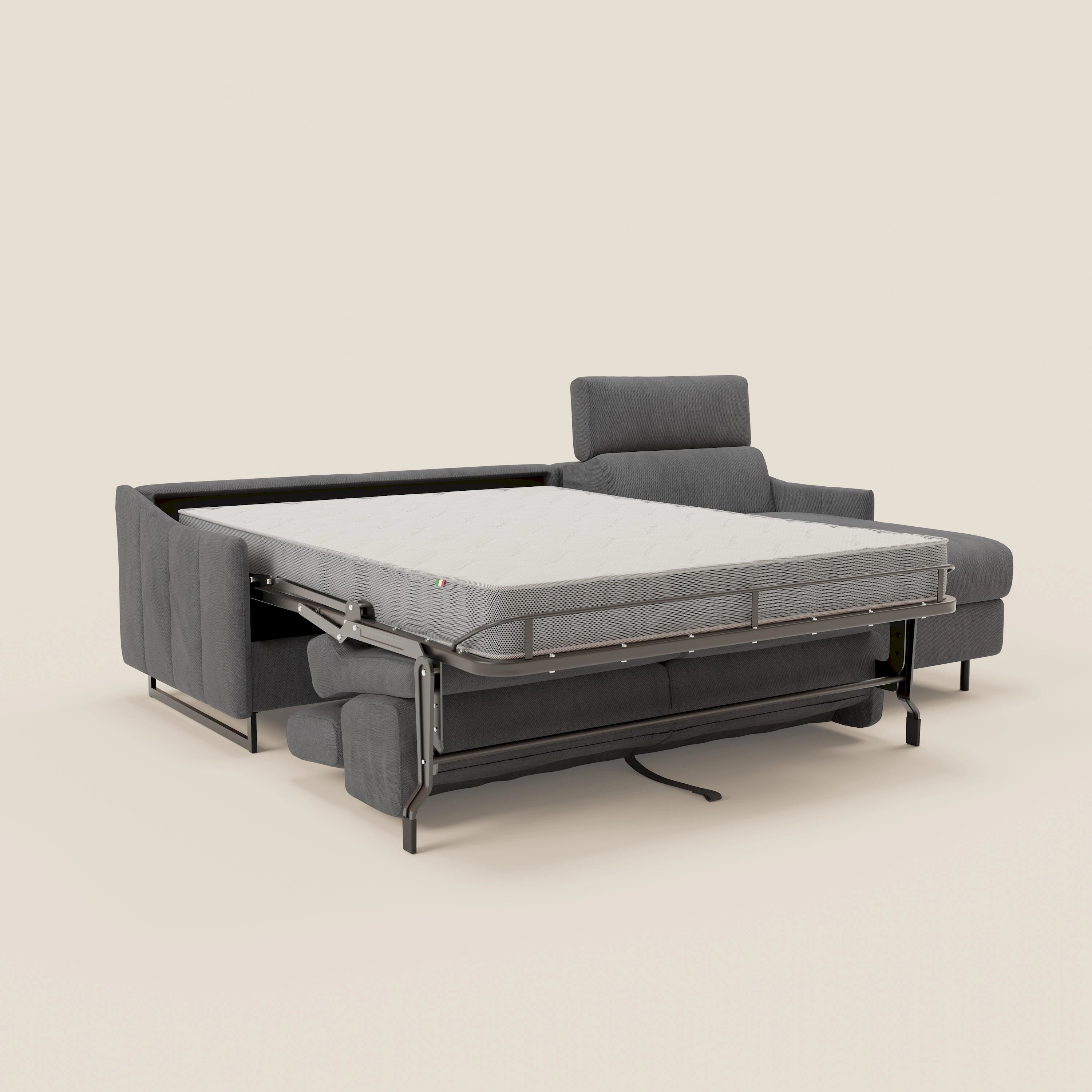 Loto Divano Letto Angolare con Penisola contenitore, Poggiatesta, Materasso Alto H18 in morbido tessuto impermeabile T14 - divani.store