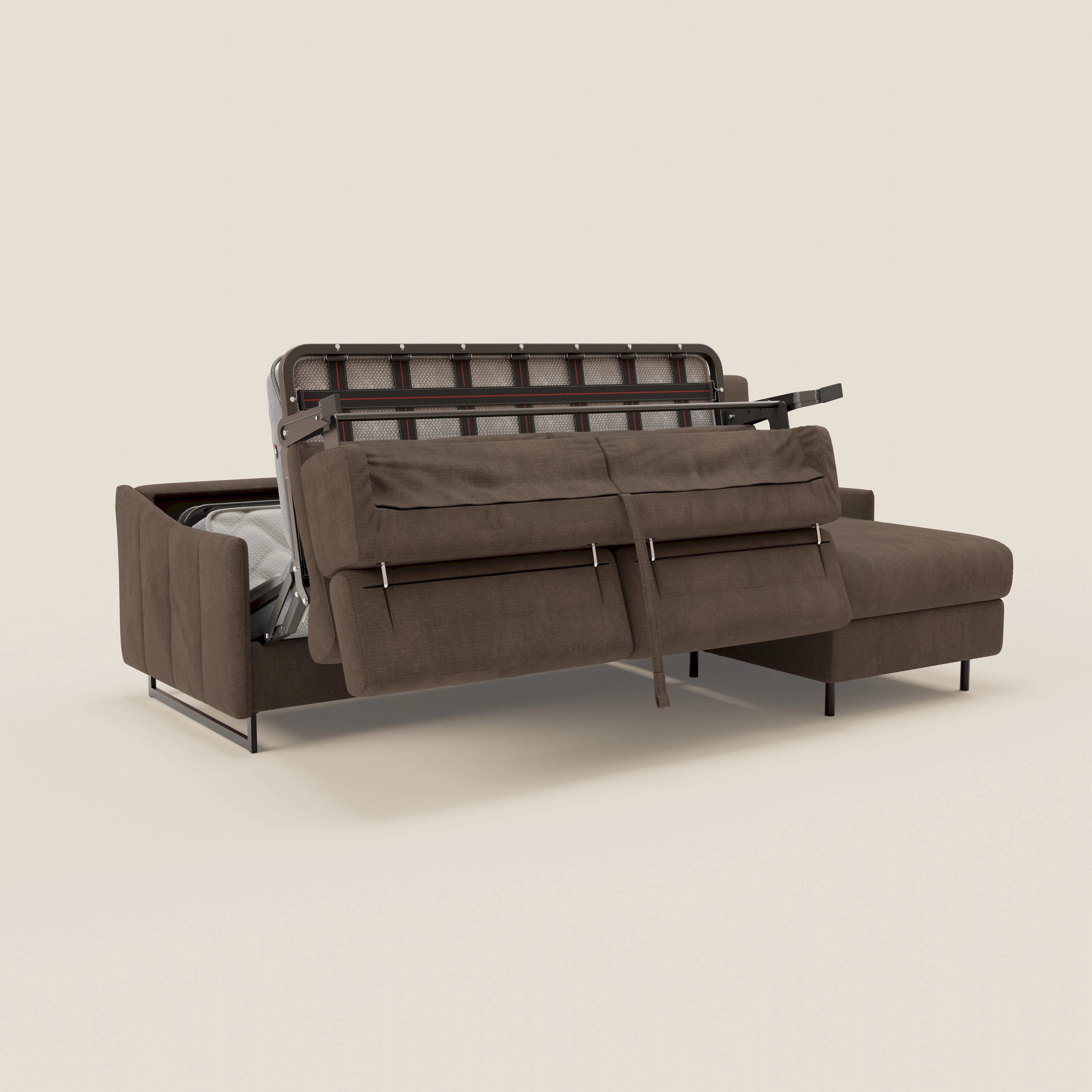 Loto Divano Letto Angolare con Penisola contenitore, Poggiatesta, Materasso Alto H18 in morbido tessuto impermeabile T14 - divani.store