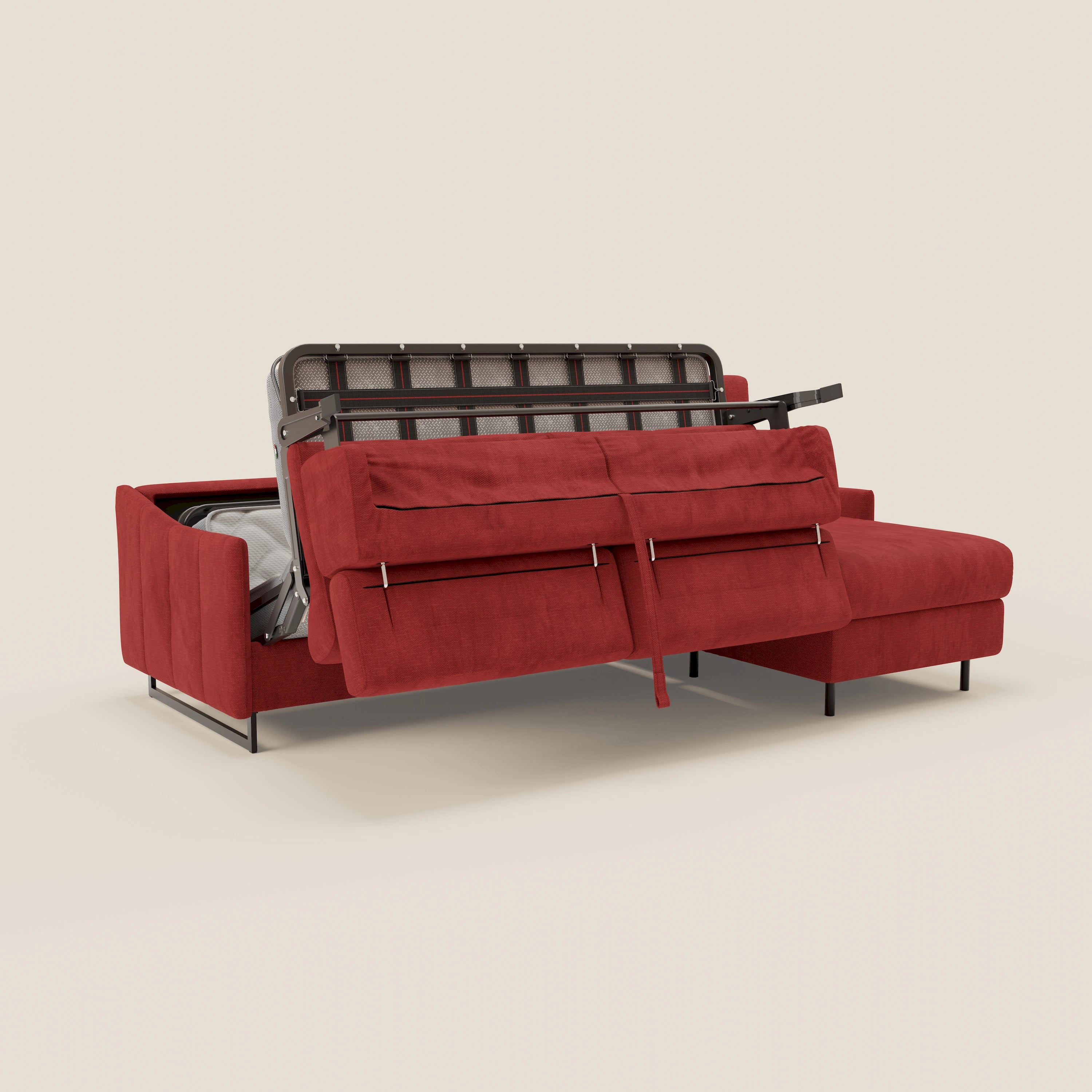 Loto Divano Letto Angolare con Penisola contenitore, Poggiatesta, Materasso Alto H18 in morbido tessuto impermeabile T14 - divani.store