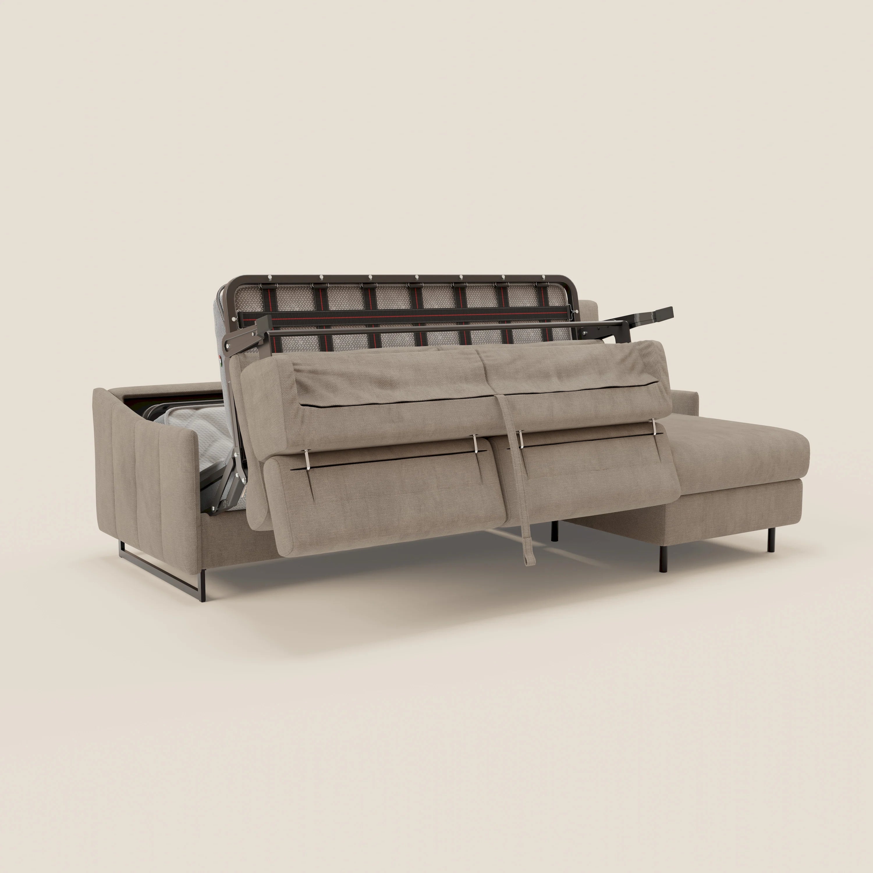 Loto Divano Letto Angolare con Penisola contenitore, Poggiatesta, Materasso Alto H18 in morbido tessuto impermeabile T14 - divani.store