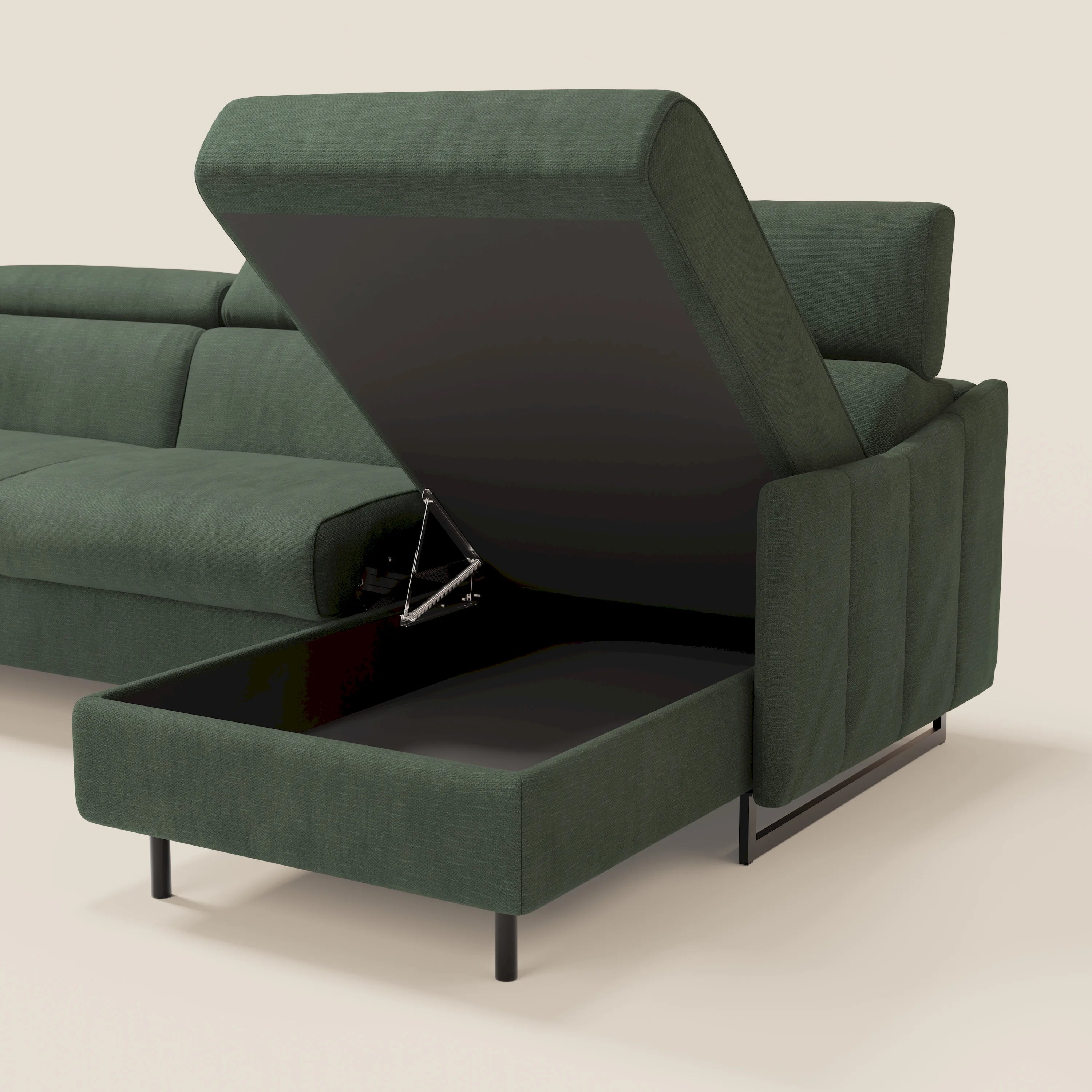 Loto Divano Letto Angolare con Penisola contenitore, Poggiatesta, Materasso Alto H18 in morbido tessuto impermeabile T14 - divani.store