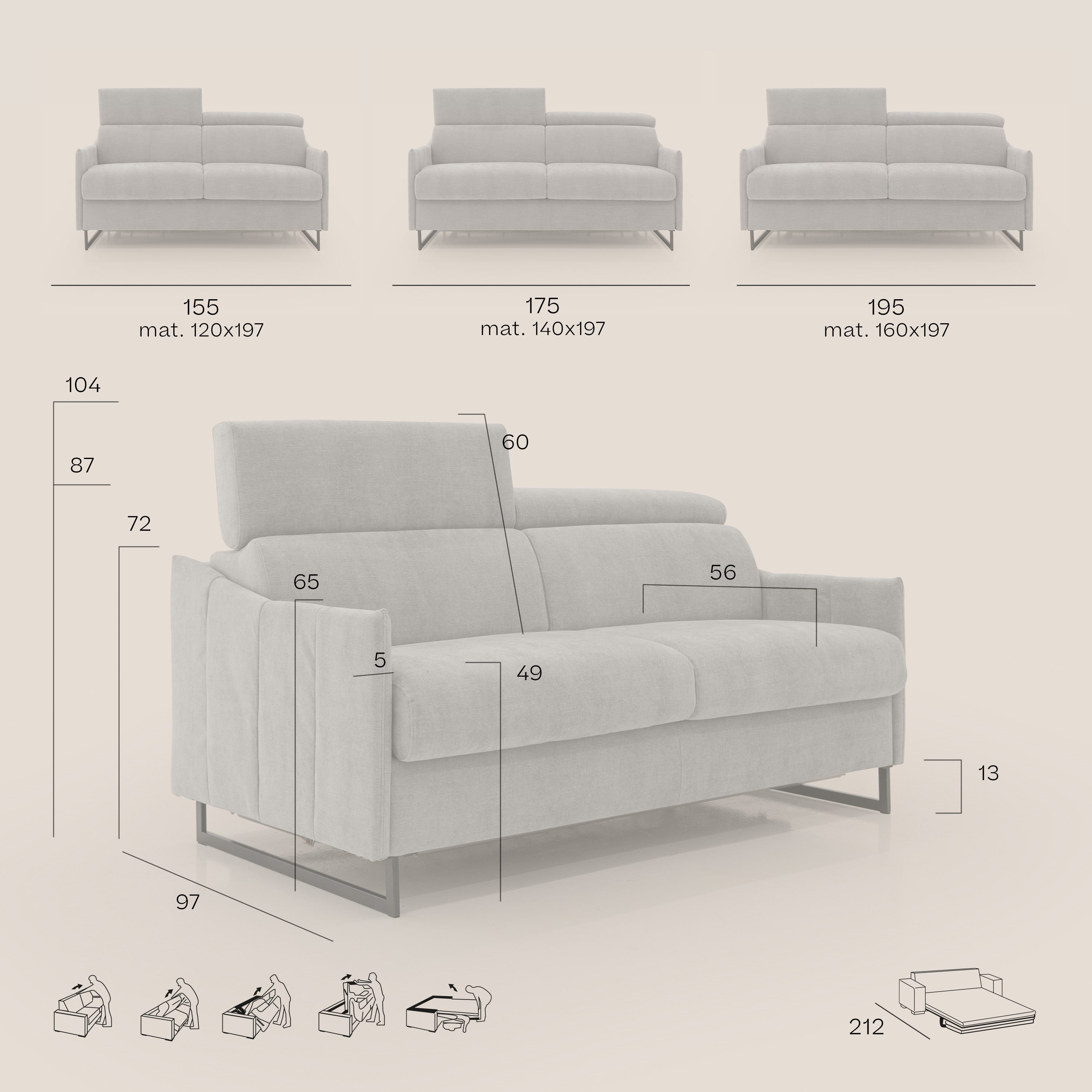 Loto divano letto salvaspazio materasso H18 cm con piedi alti in morbido tessuto impermeabile T14 beige - divani.store