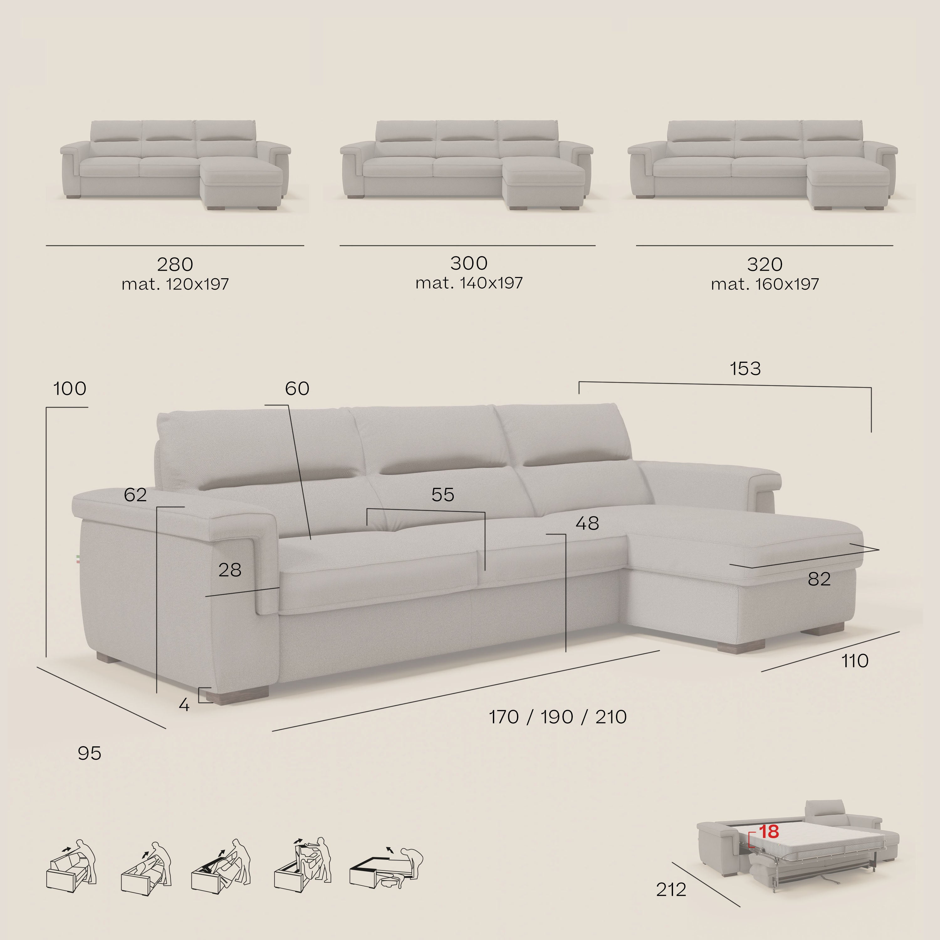 Magnolia canapé d'angle convertible avec méridienne coffre - matelas H 18cm en tissu détachable T05