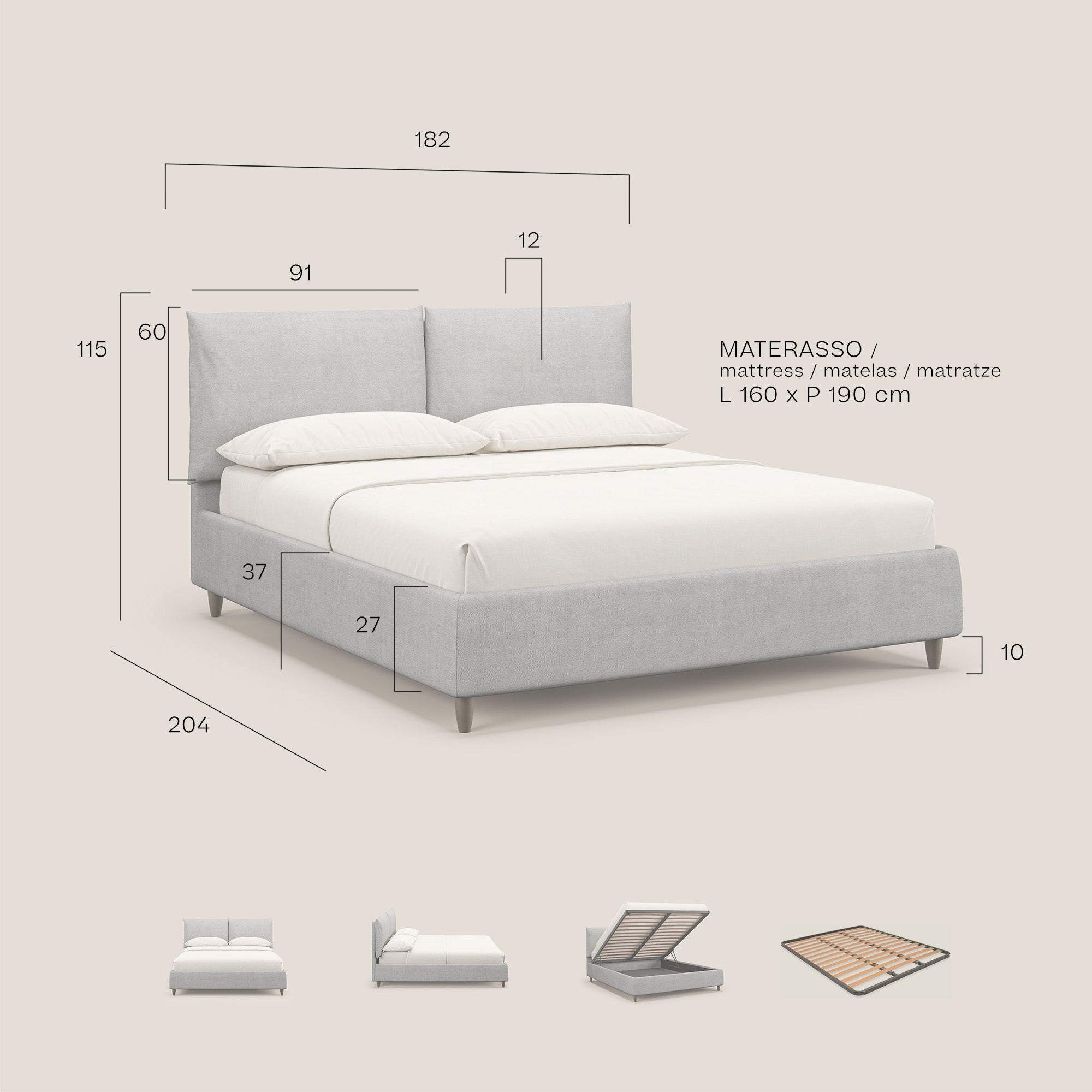 Mariana letto imbottito contenitore con cuscini in tessuto impermeabile T02 marrone - divani.store