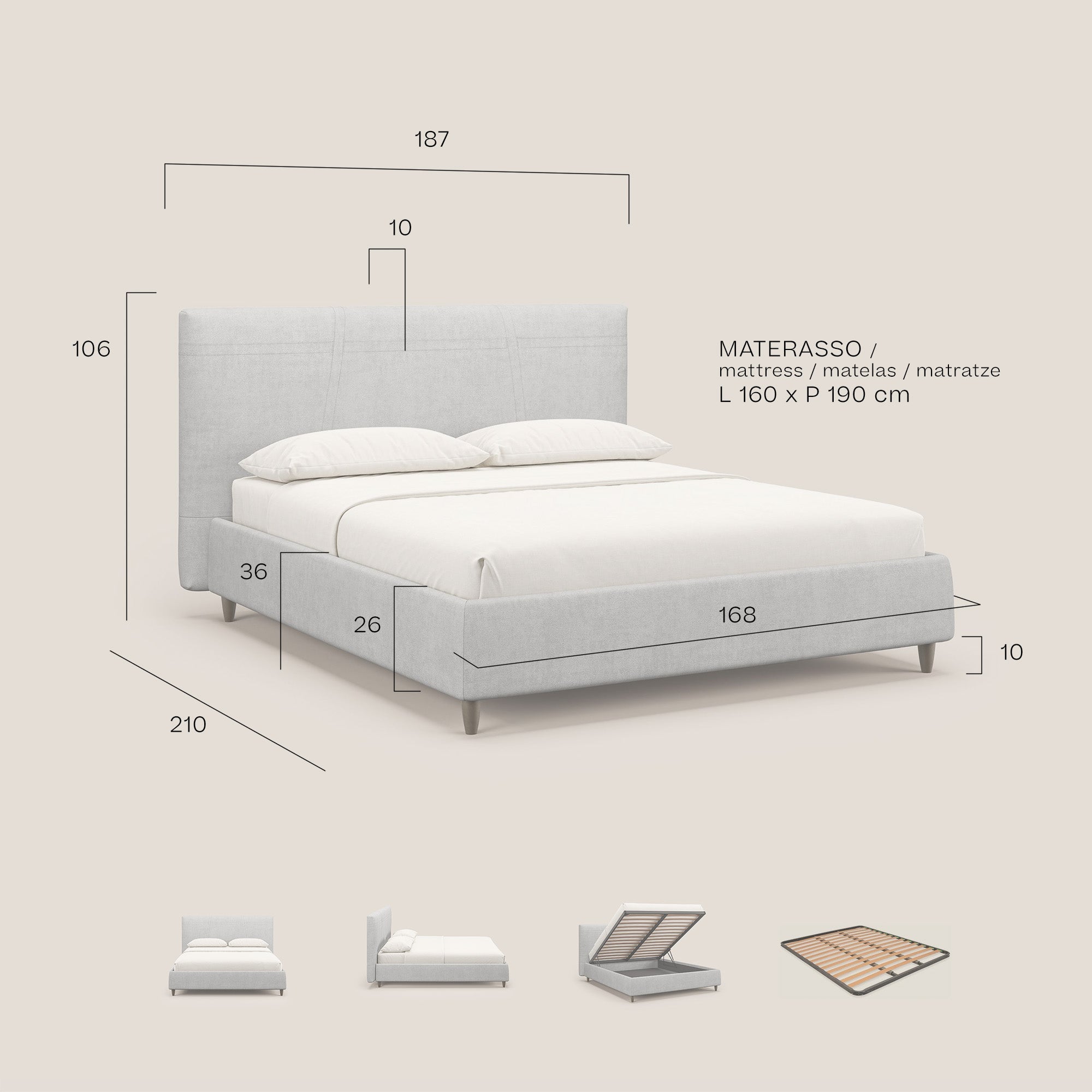 Martina letto imbottito contenitore in tessuto impermeabile T02 beige - divani.store