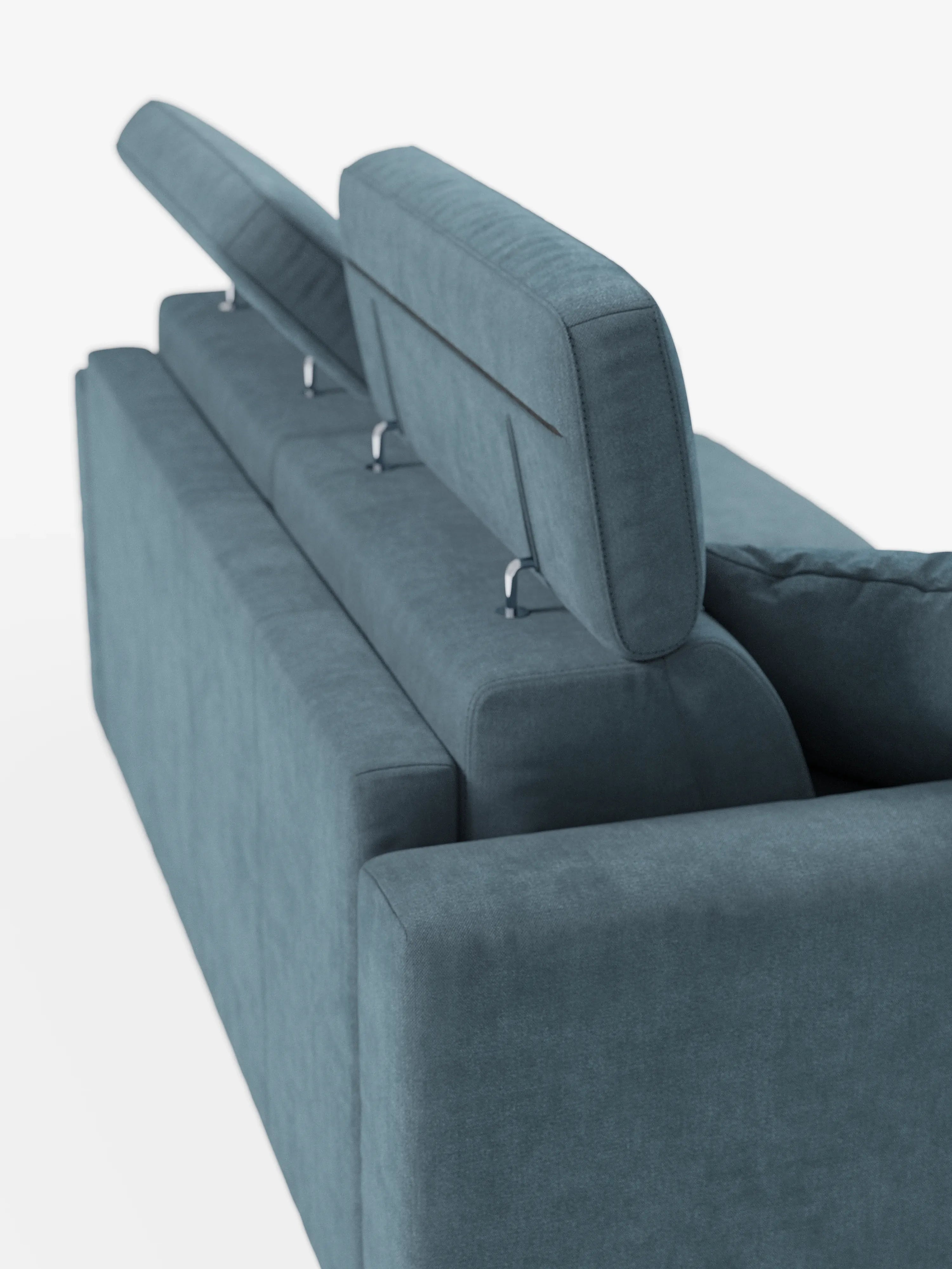 Il divano letto a tre posti Maximus di Divani.Store, color verde acqua, visto da dietro, presenta poggiatesta regolabili: due sollevati e uno abbassato. Rivestito in tessuto Oeko-Tex di facile pulizia e caratterizzato da linee moderne e pulite, offre un comfort versatile come divano letto grazie al materasso alto 20 cm e ai tre posti a sedere.