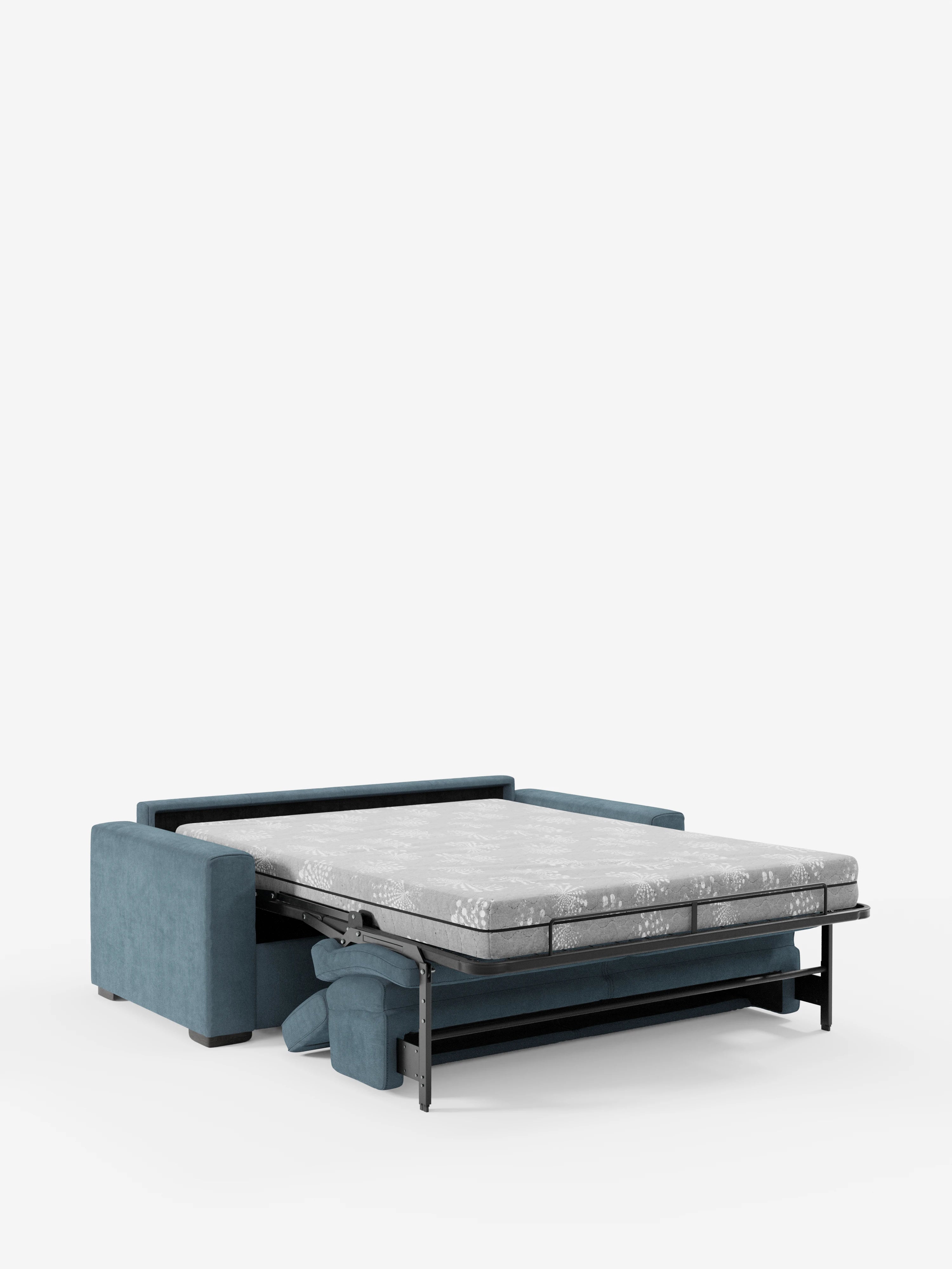 Divano letto Maximus a 3 posti di Divani.Store, rivestito in blu verde acqua, dotato di una struttura estraibile in metallo e di un materasso alto 20 cm che, una volta completamente esteso, rivela la sua spaziosa superficie letto. Su uno sfondo bianco a tinta unita, il design moderno dalle linee squadrate, con poggiatesta reclinabili e tessuto Oeko-Tex resistente alle macchie, mette in risalto la versatilità e la funzionalità trasformabile di questo elegante complemento d’arredo.
