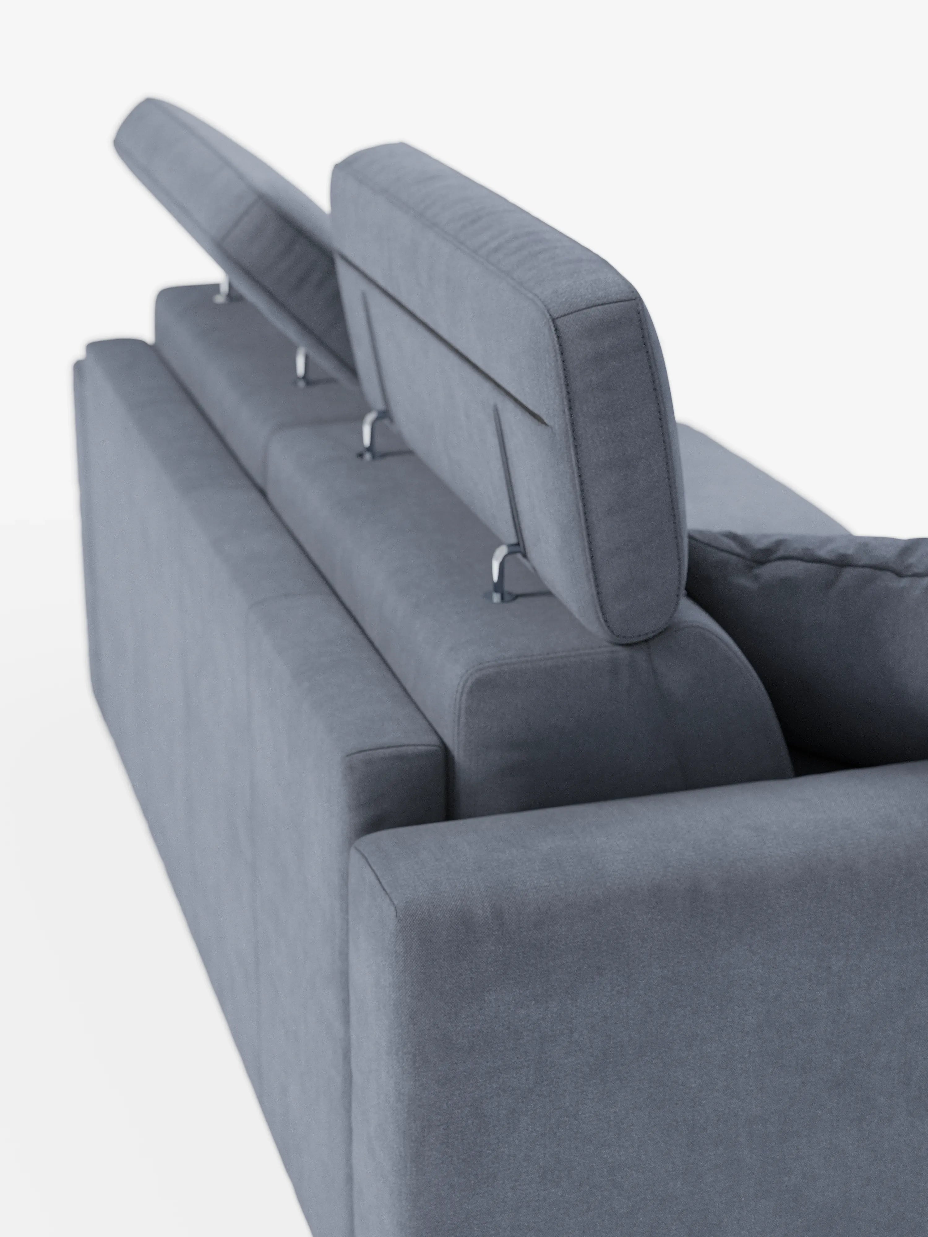 Il divano letto a 3 posti Maximus con materasso ALTO da 20 cm di Divani.Store presenta poggiatesta reclinabili in tessuto smacchiabile Oeko-Tex, con due poggiatesta sollevati e uno abbassato. Il tessuto morbido e antimacchia si abbina perfettamente al design elegante, messo in risalto da una prospettiva angolata dal retro su uno sfondo bianco a tinta unita.