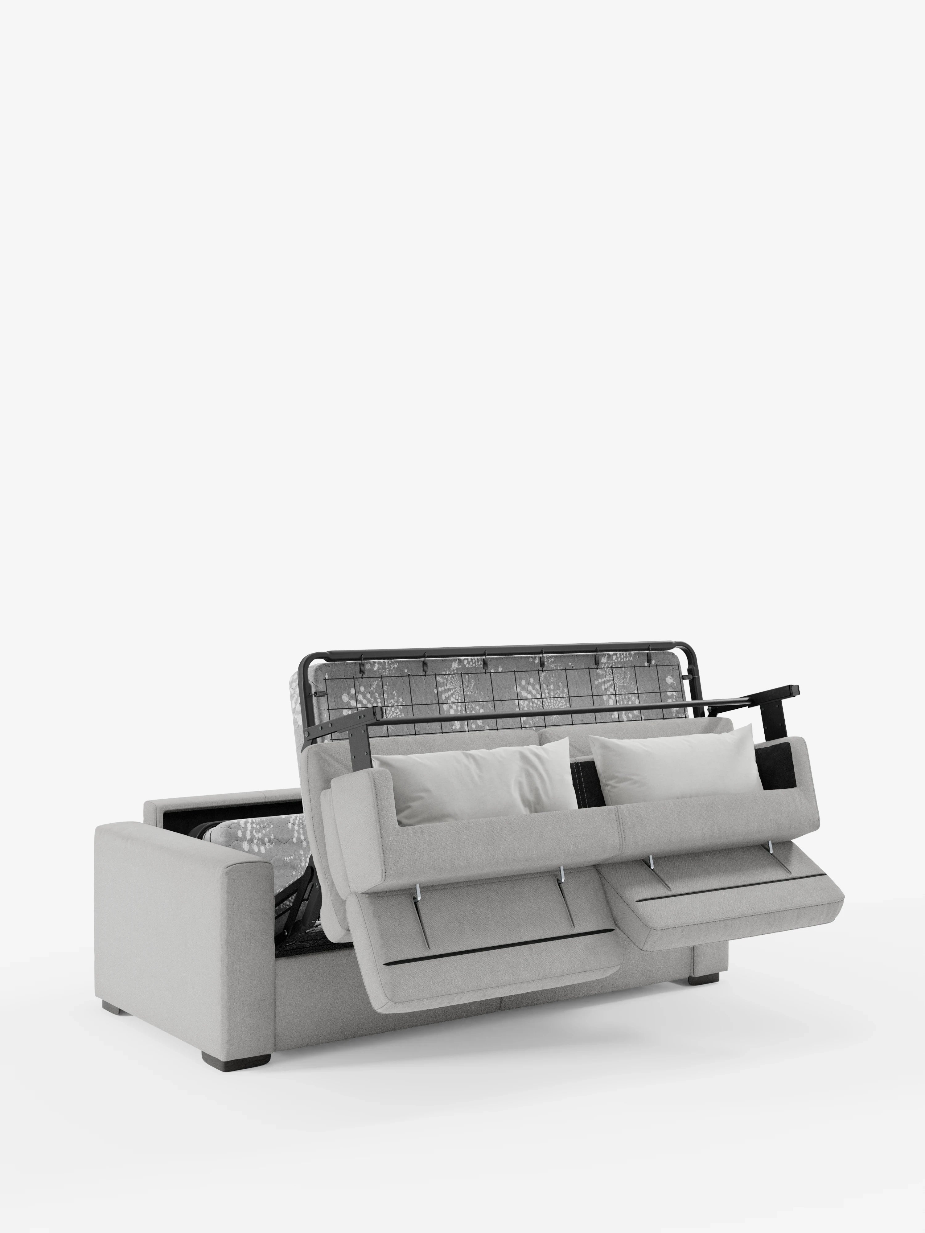 Un divano letto Maximus a 3 posti di colore grigio chiaro con materasso ALTO 20 cm di Divani.Store, caratterizzato da cuscini rimovibili e da una struttura in metallo a vista, è raffigurato parzialmente aperto per rivelare il materasso nascosto. Lo sfondo bianco a tinta unita mette in risalto la trasformazione da divano a letto, mentre sono ben visibili i poggiatesta reclinabili e il tessuto Oeko-Tex resistente alle macchie.