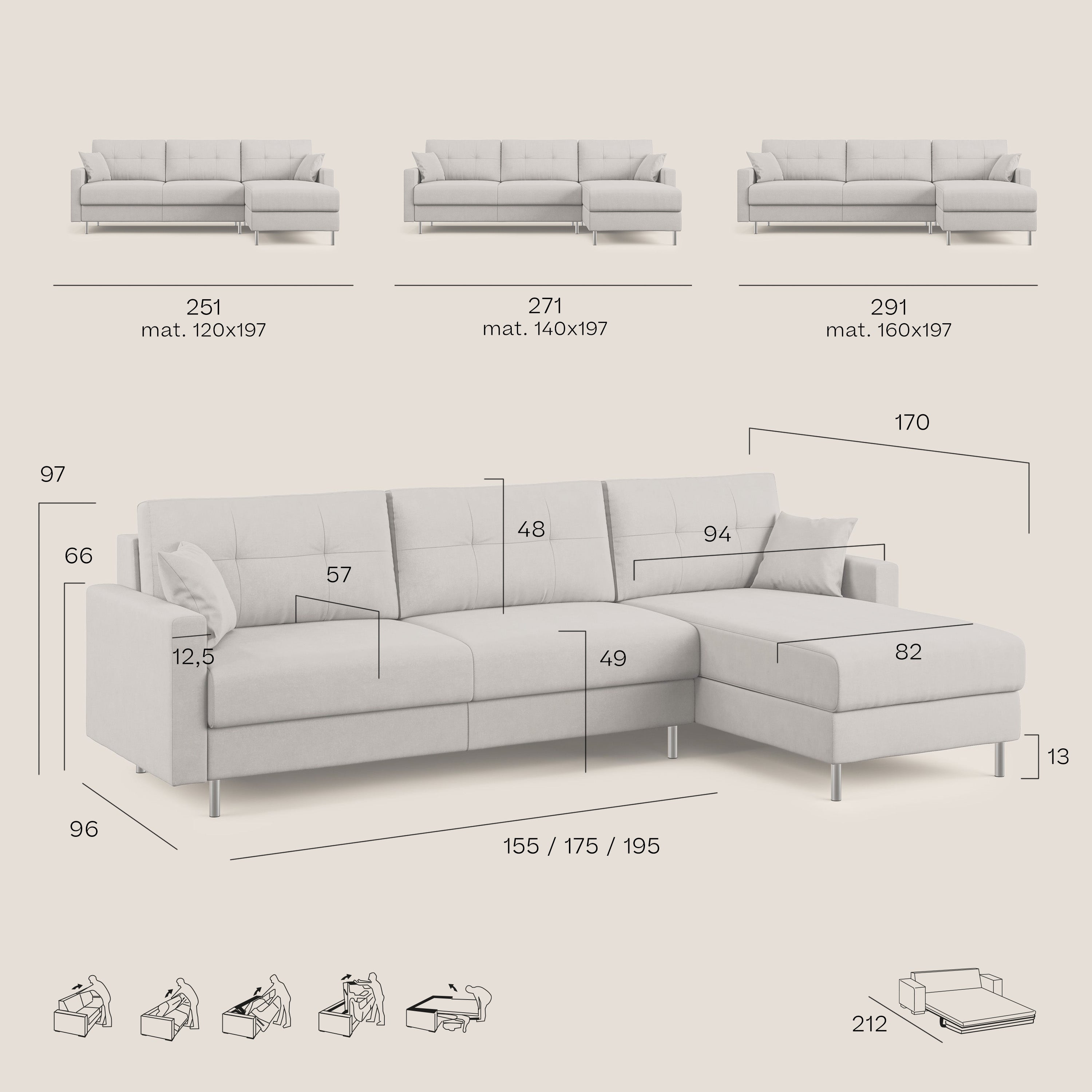 Megan divano letto angolare in microfibra smacchiabile T11 panna - divani.store