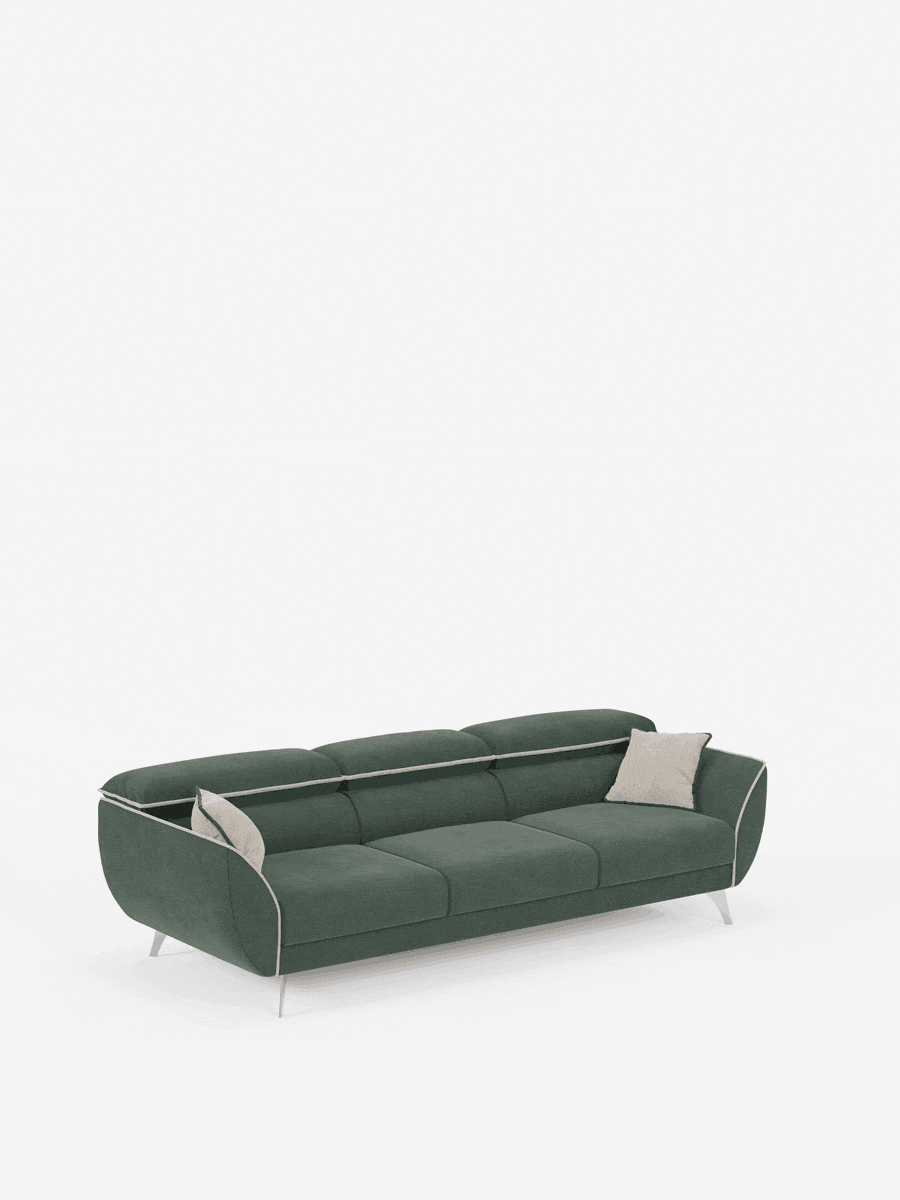 Un divano contemporaneo Michelangelo 4 Posti bicolore di Divani.Store, dotato di tre sedute estensibili e poggiatesta regolabili, rivestito in tessuto T23 facile da pulire. Il rivestimento verde scuro è impreziosito da una bordatura bianca e poggia su sottili gambe in metallo su una base bianca, con due cuscini decorativi beige chiaro alle due estremità. Su uno sfondo bianco a tinta unita, questo divano dal design moderno e lussuoso offre un comfort elegante per interni raffinati.