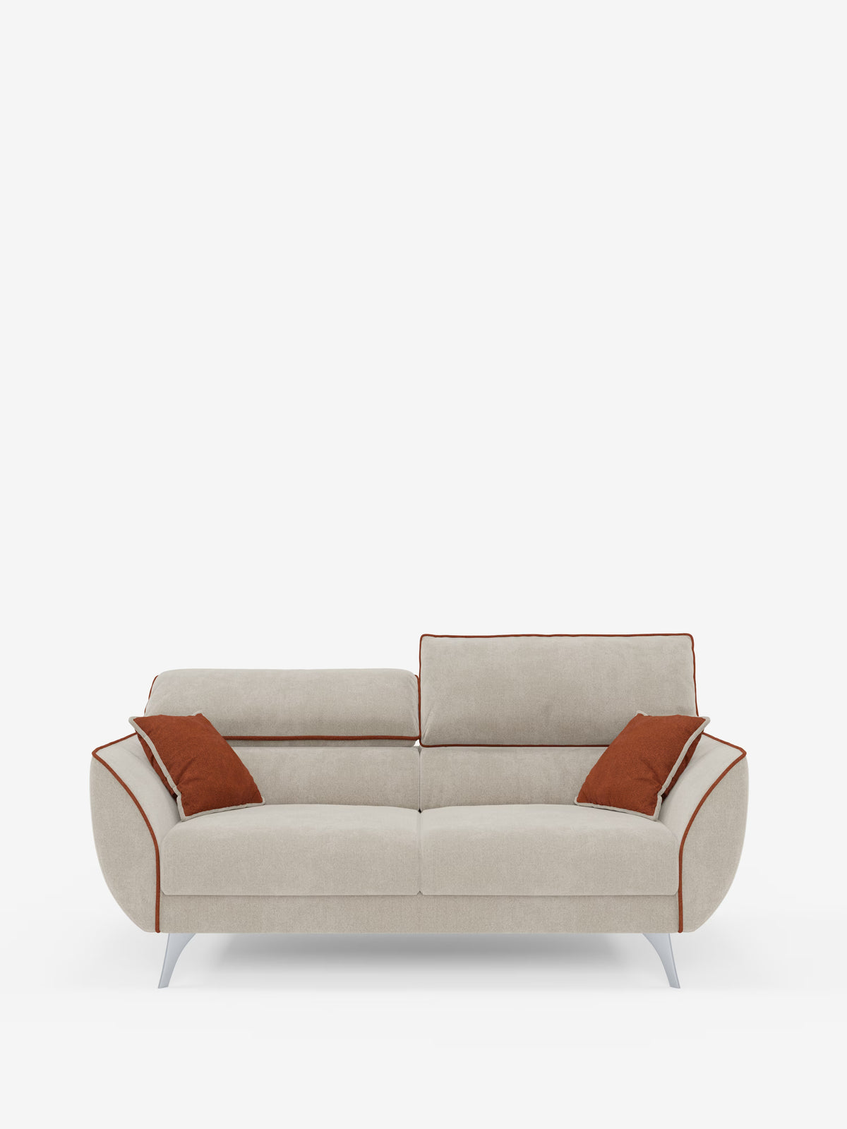 Il divano Michelangelo a 2 e 3 posti con sedute allungabili e poggiatesta reclinabili di Divani.Store è un divano contemporaneo bicolore beige realizzato in tessuto T23 resistente alle macchie. Caratterizzato da gambe angolari in metallo, due poggiatesta regolabili e un accattivante bordino arancione, è dotato di due cuscini decorativi arancioni abbinati, posizionati su entrambi i lati della seduta. Ideale per soggiorni moderni, il prodotto è fotografato su uno sfondo bianco a tinta unita.