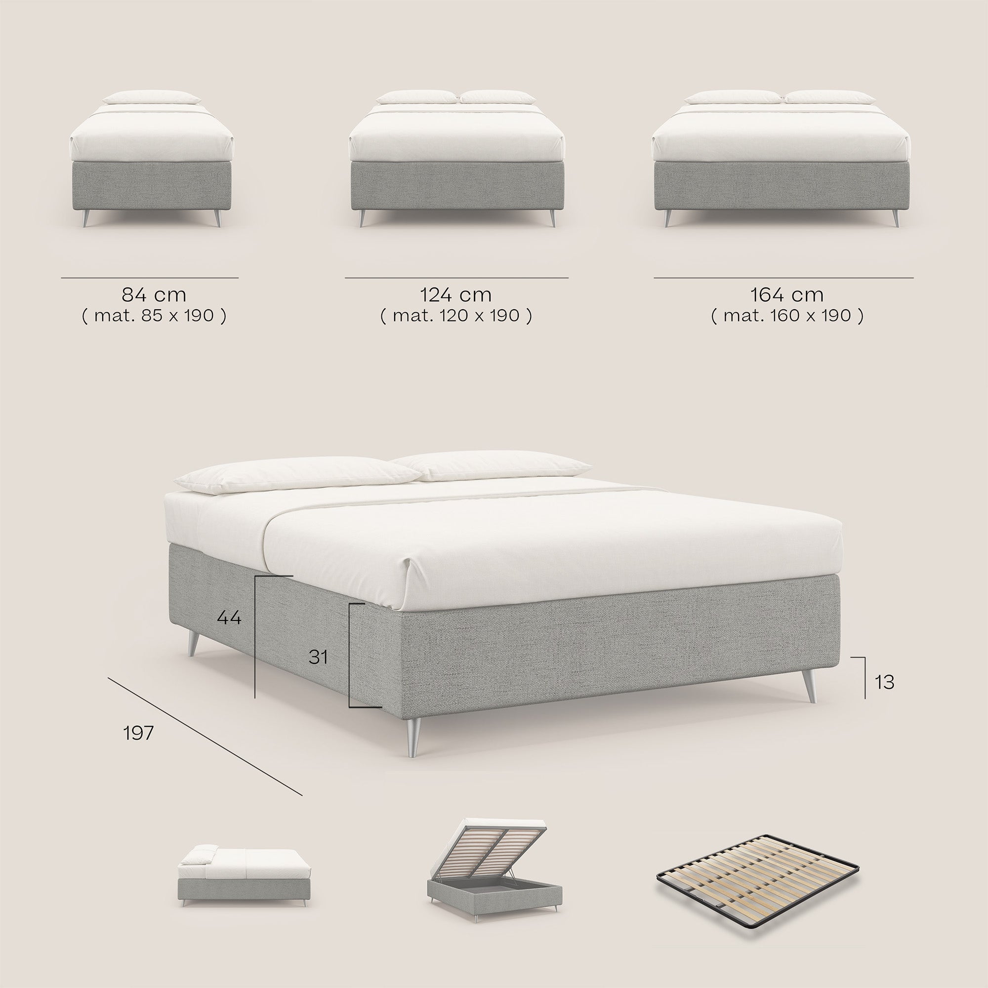 Febe sommier compatto con grande capienza del contenitore in tessuto impermeabile T03 grigio - divani.store