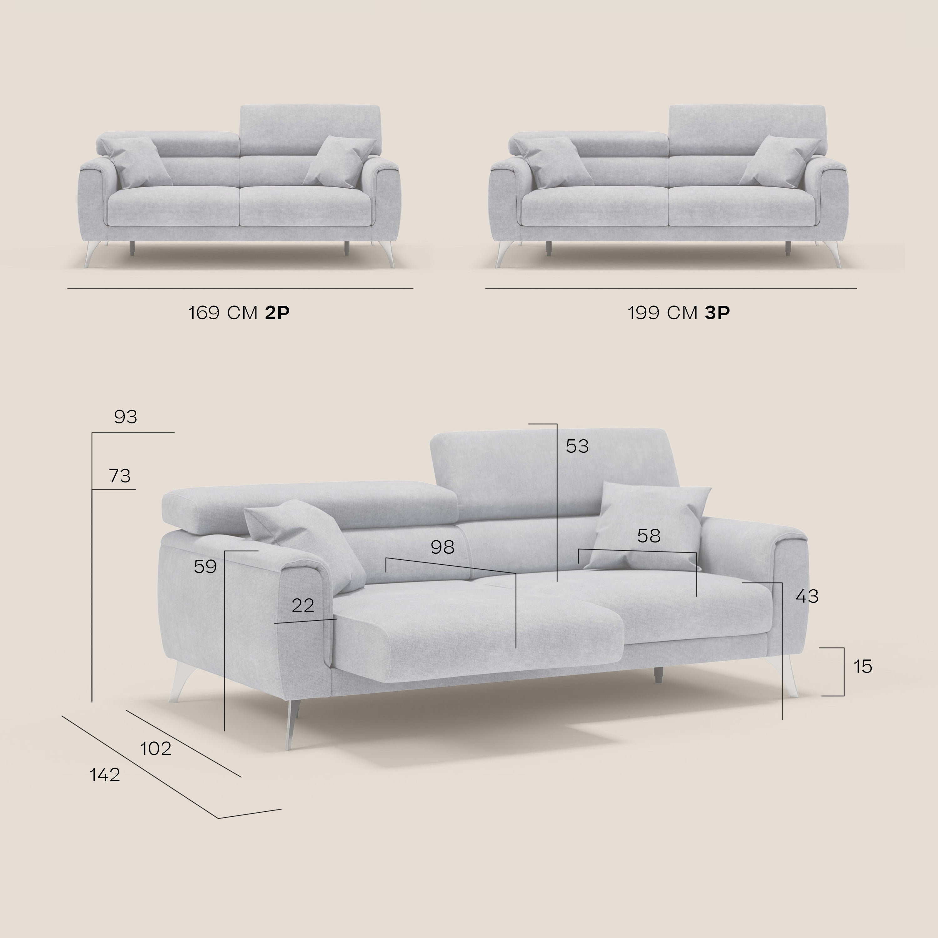 Caravaggio divano con sedute allungabili e poggiatesta reclinabili in tessuto impermeabile T02 beige - divani.store