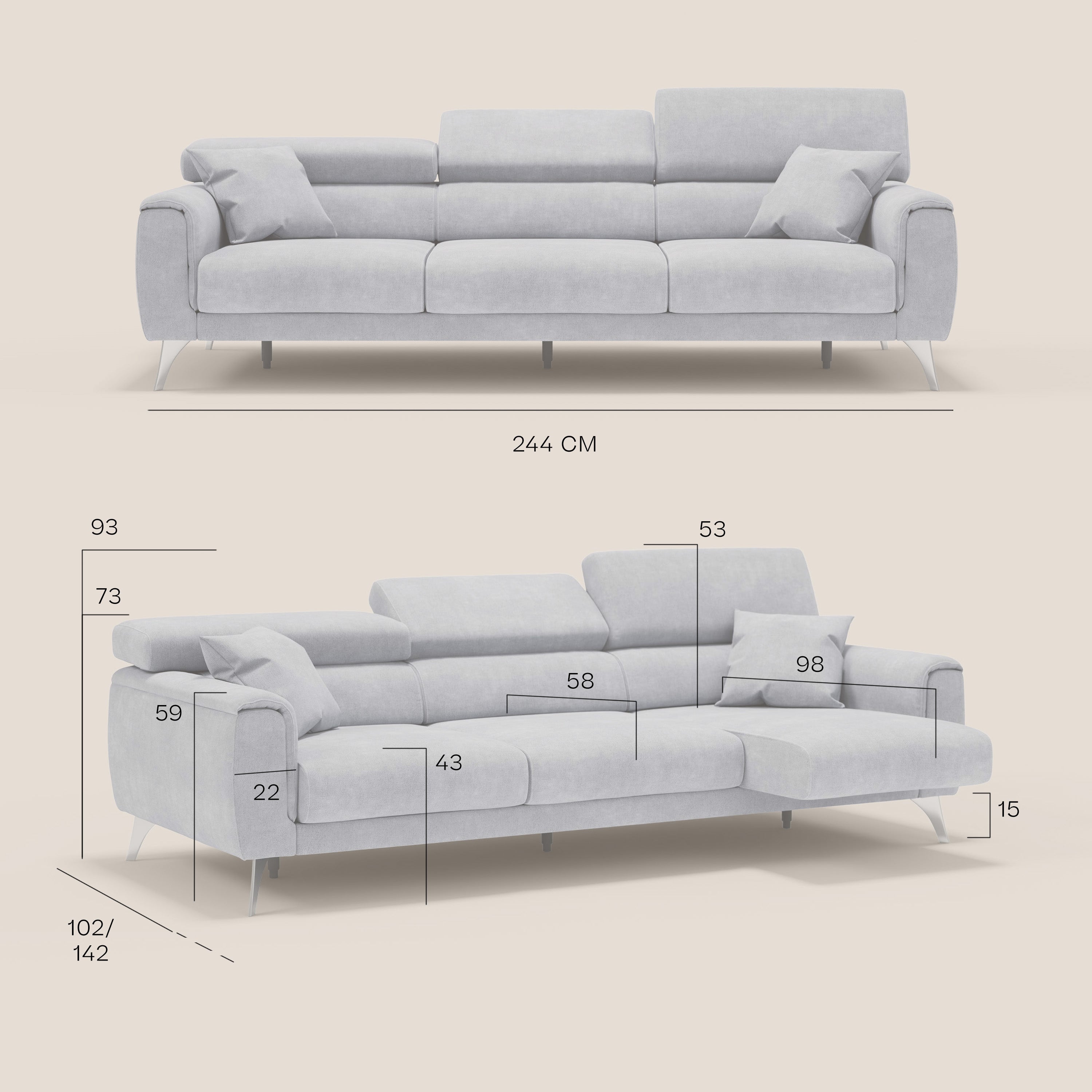 Caravaggio divano con 3 sedute allungabili indipendenti e poggiatesta reclinabili in tessuto impermeabile T02 rosso - divani.store