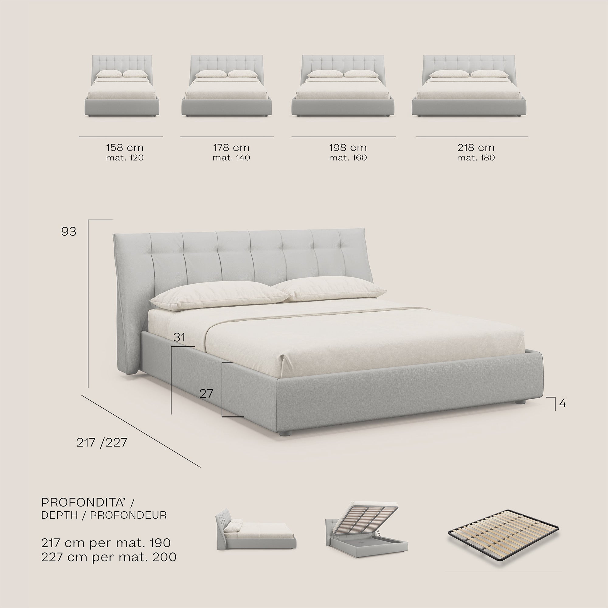 Clizia letto imbottito di design con vano contenitore in ecopelle impermeabile T04 grigio chiaro - divani.store