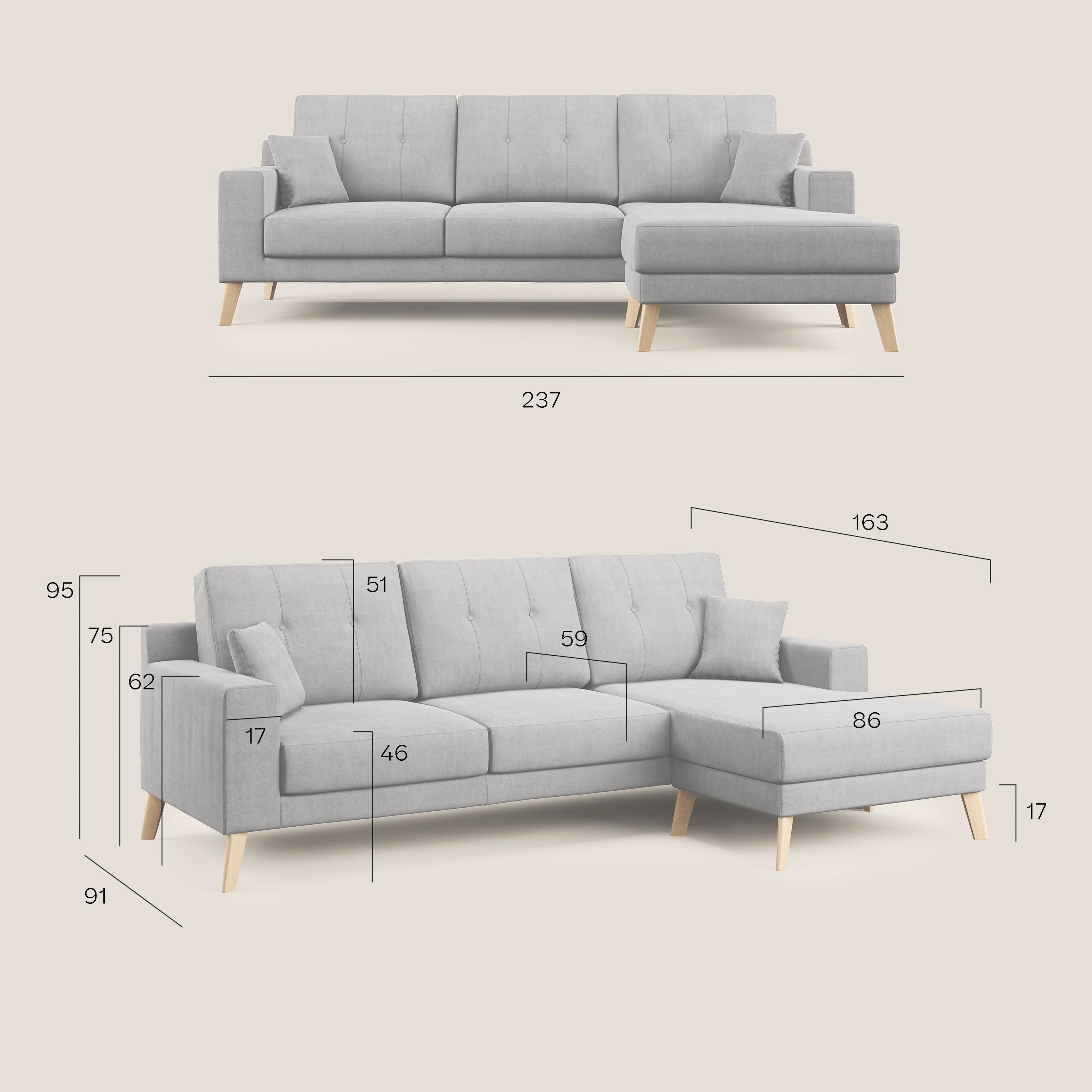 Danish divano angolare REVERSIBILE in tessuto morbido impermeabile T02 grigio chiaro - divani.store