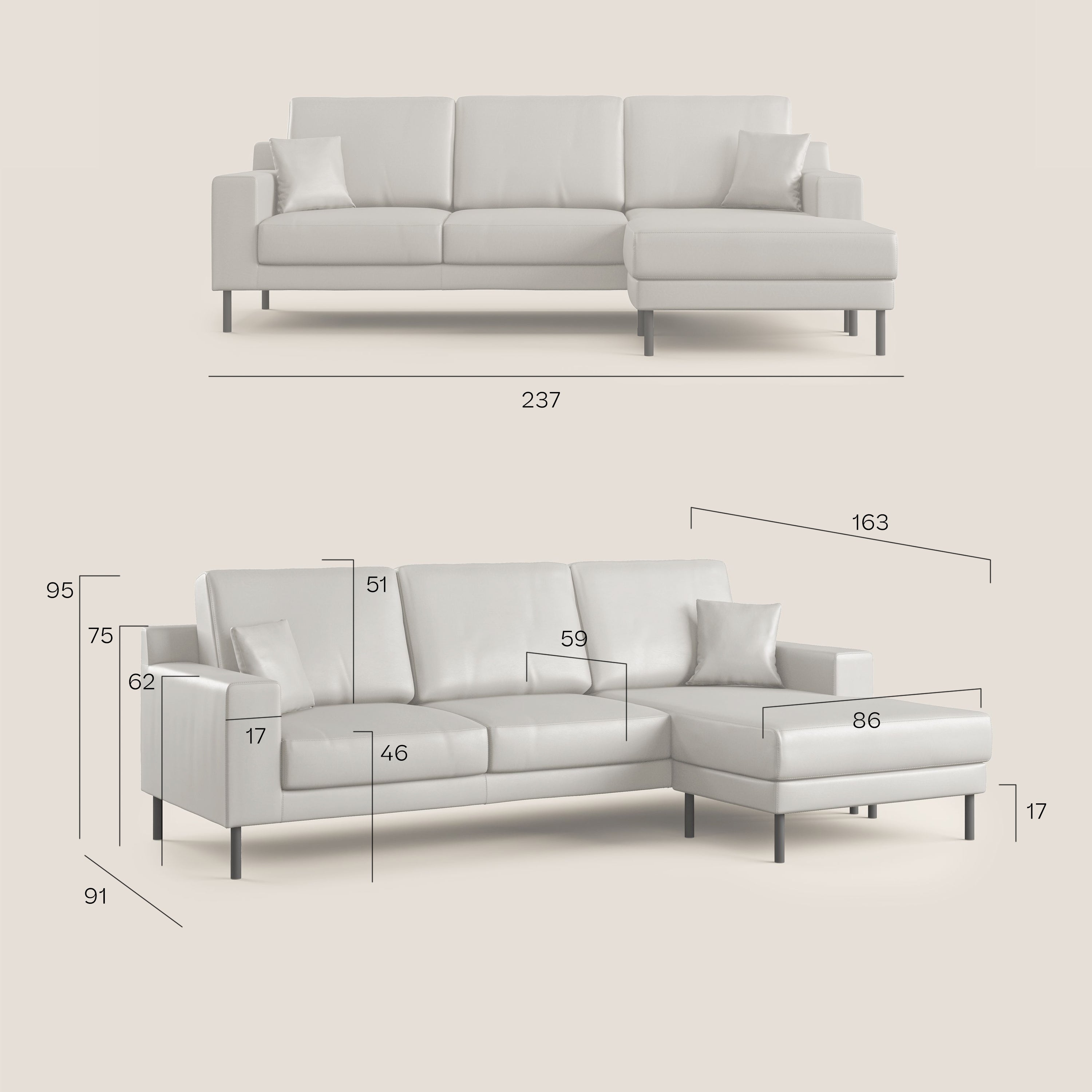 Uranio divano angolare moderno REVERSIBILE in Ecopelle impermeabile T04 beige - divani.store