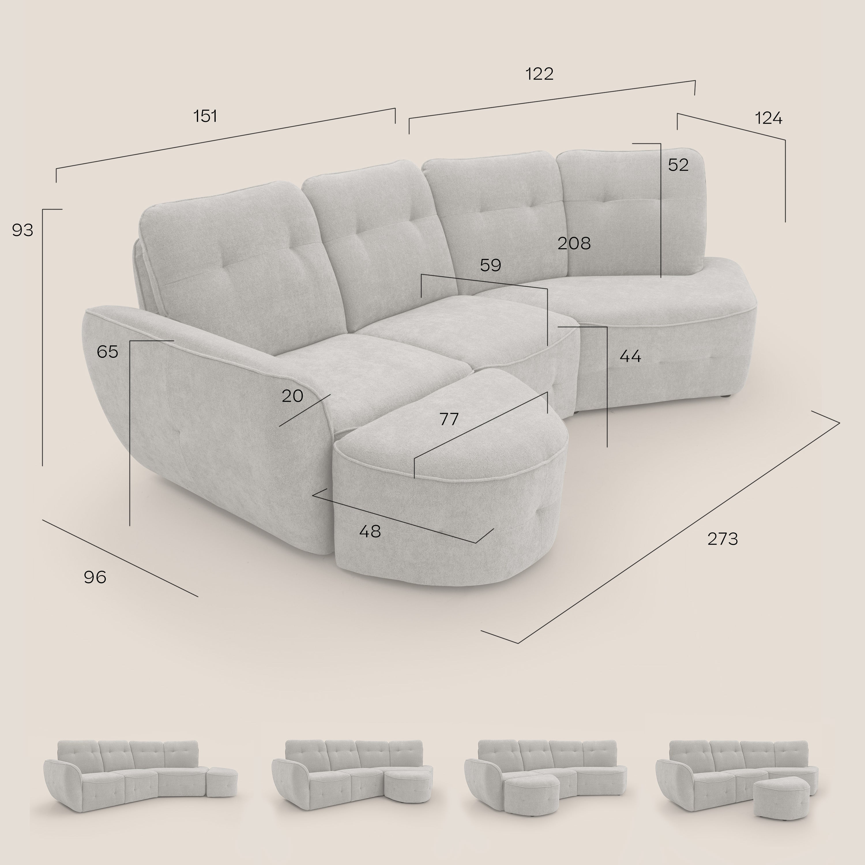 Cerbero divano angolare con pouf mobile in morbido bouclé impermeabile T07 azzurro - divani.store