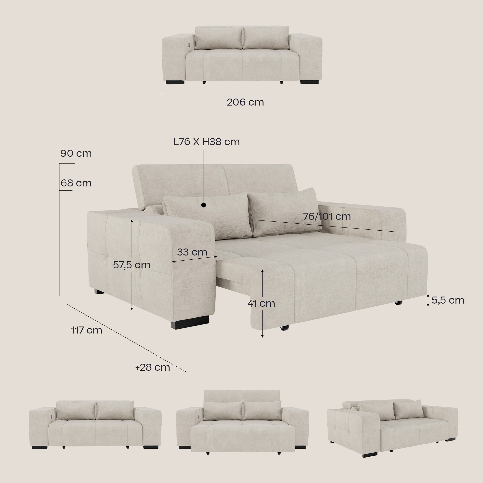 Divano Monarch con Relax Elettrico di Divani, color crema, mostrato da più angolazioni con dimensioni indicate: larghezza 206 cm, altezza 90 cm, profondità seduta 117 cm. La vista principale mostra il divano esteso a letto con cuscini.