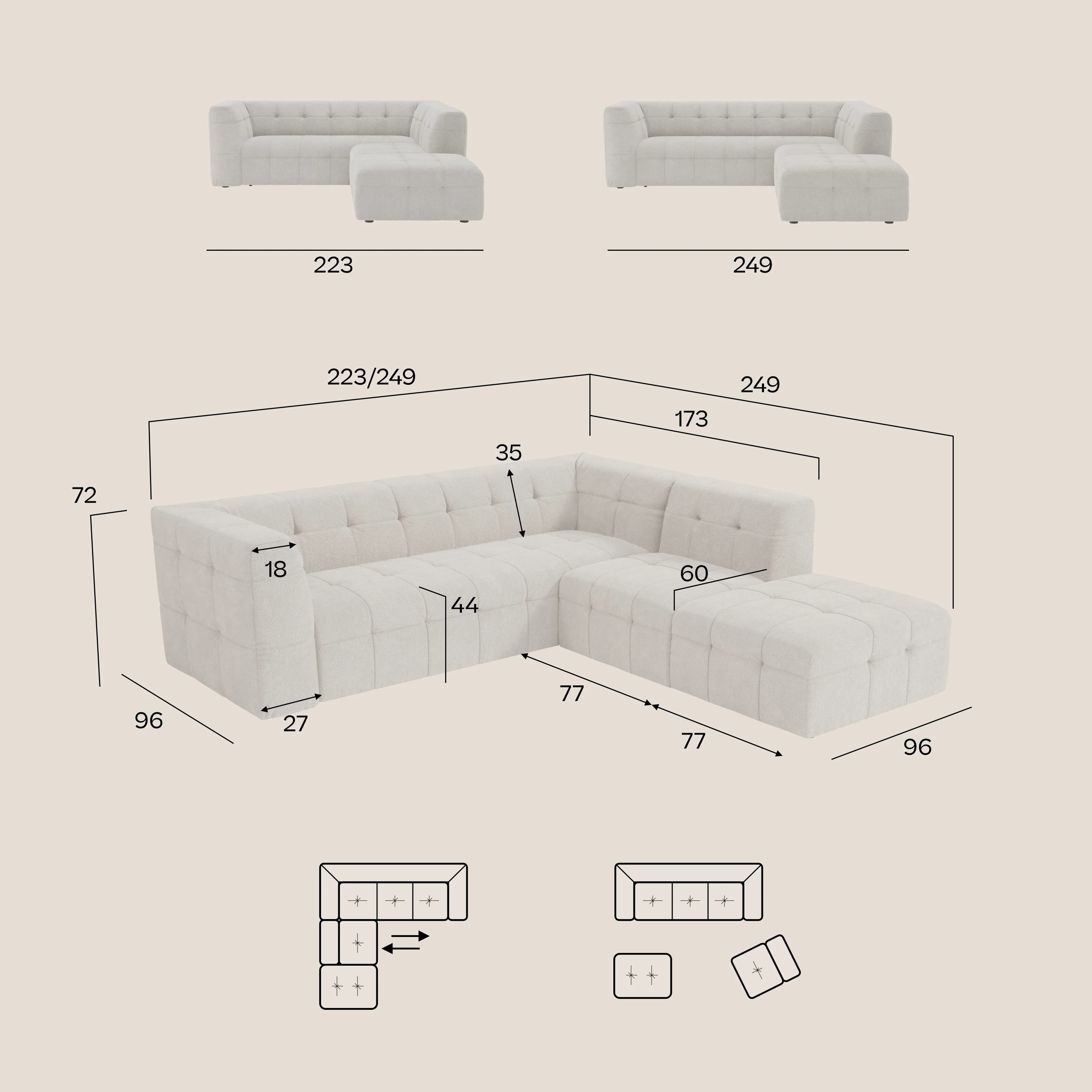 Il divano angolare componibile e modulare Mosaic in bouclé T21 di Divani.Store è presentato in tessuto leggero e antimacchia con diagrammi che riportano le misure dettagliate di ogni modulo - lunghezze, profondità, altezze - e le possibili configurazioni di montaggio.