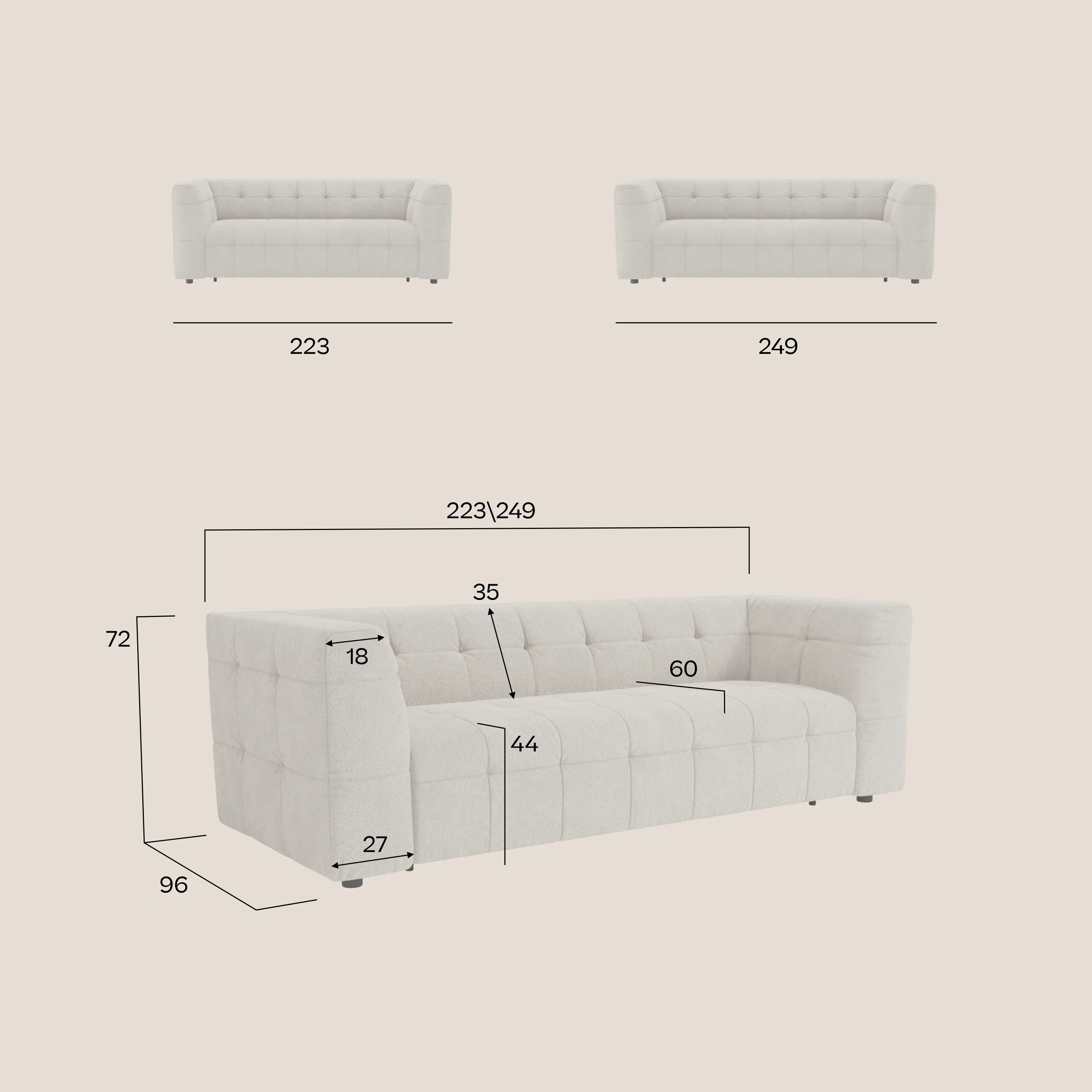 Il divano componibile Mosaico 3 posti in tessuto bouclé smacchiabile T21 di Divani.Store è presentato in colore beige, con dimensioni importanti: lunghezza 223/249 cm, altezza 72 cm, profondità 96 cm, altezza seduta 44 cm, profondità seduta 60 cm, altezza braccioli 27 cm.