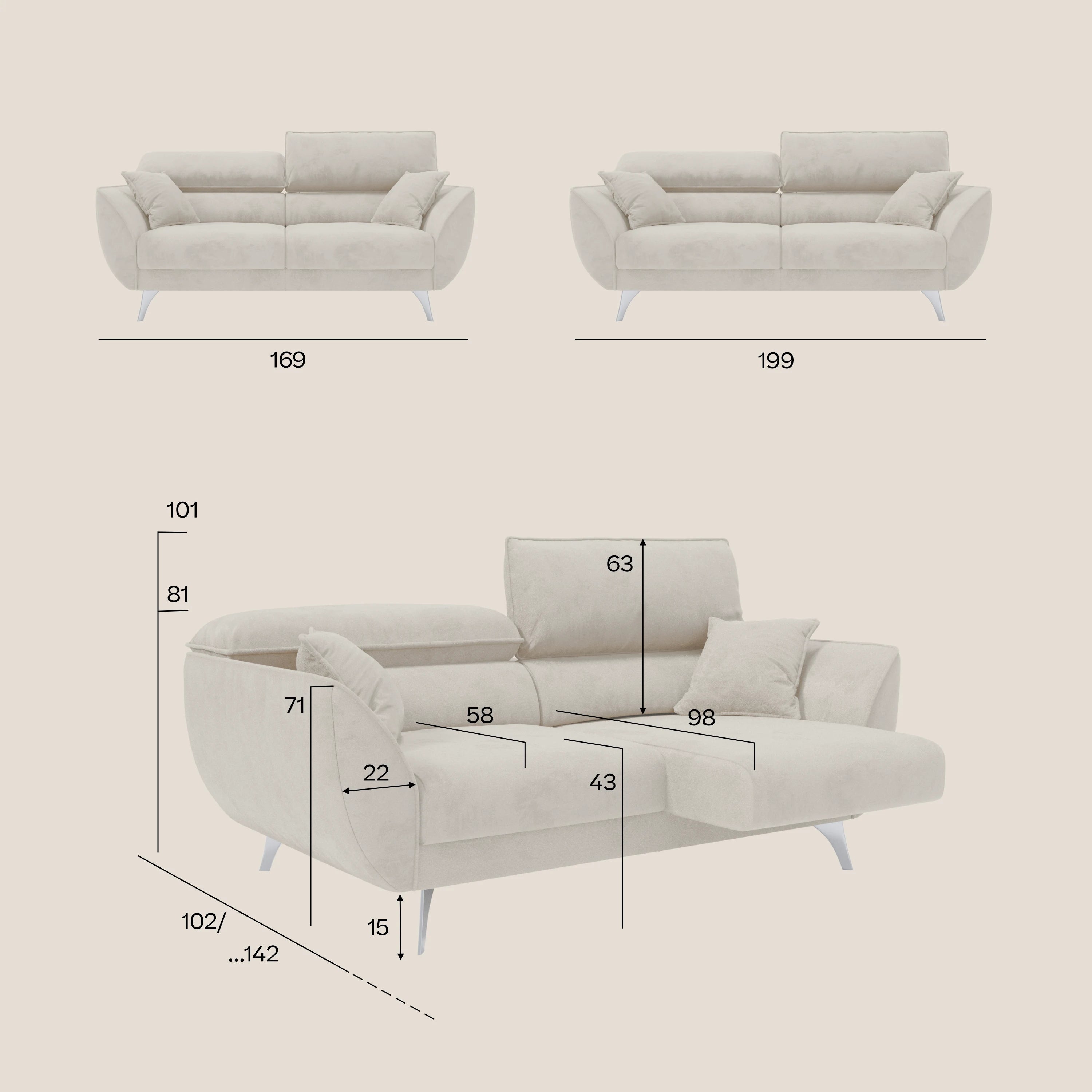 Michelangelo divano 2 e 3 posti con sedute allungabili e poggiatesta reclinabili - Bicolore in tessuto smacchiabile T23 - divani.store