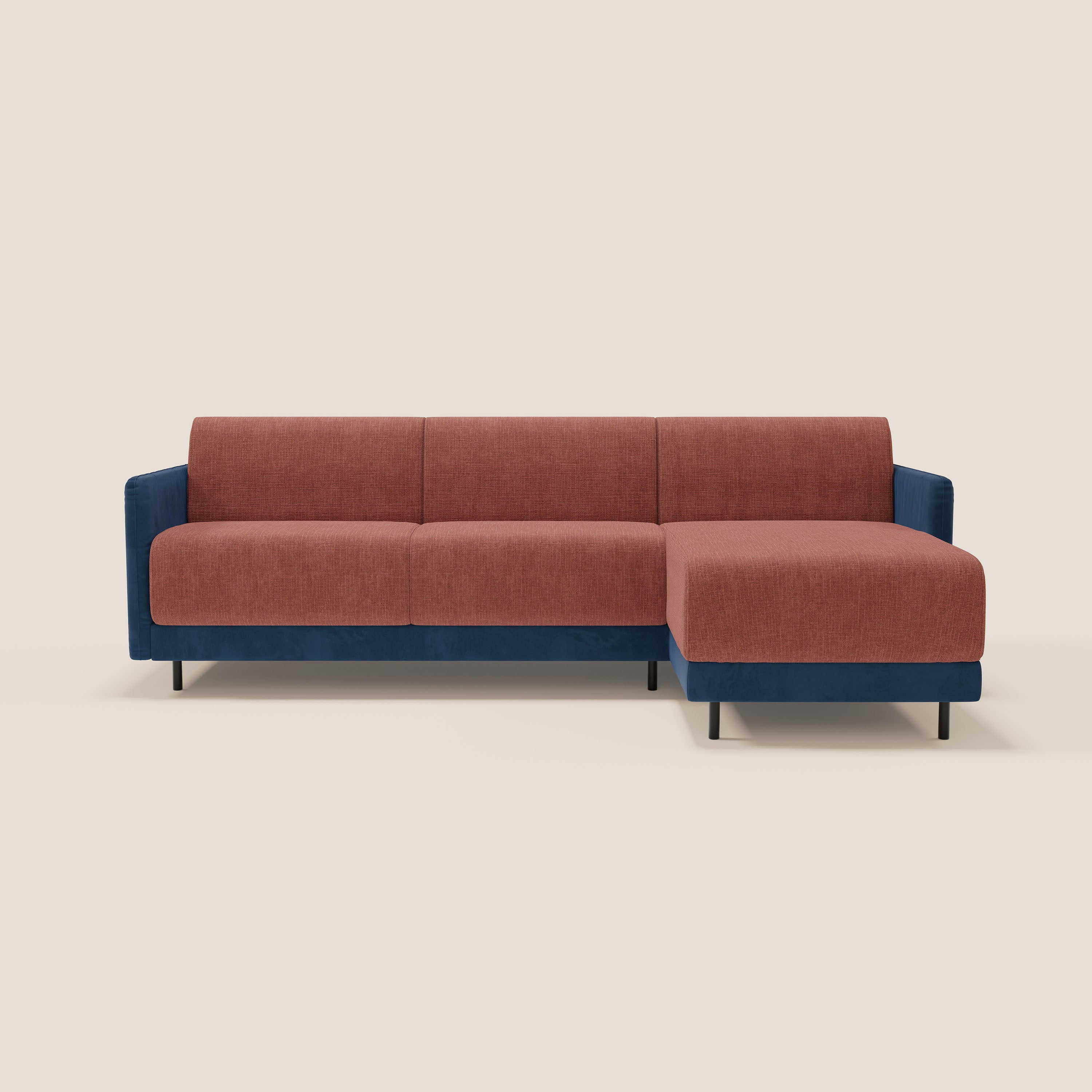 Narciso divano letto angolare con materasso alto 18 cm e penisola contenitore in tessuto bicolore impermeabile T11 e T06 - divani.store