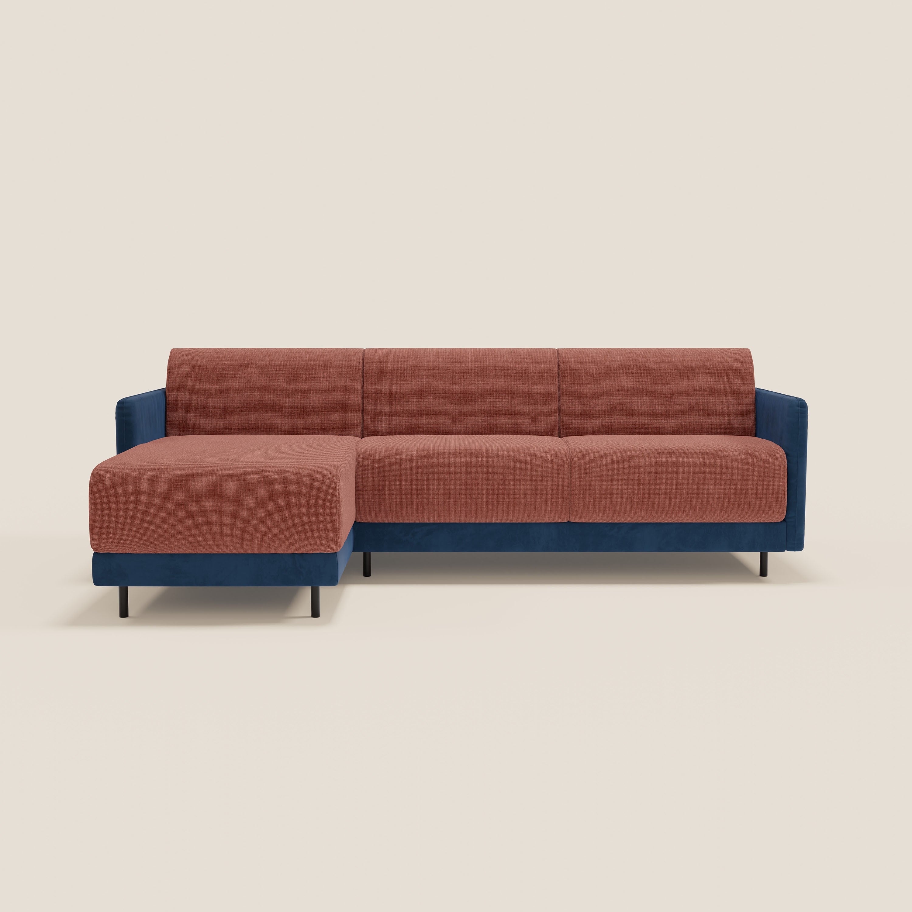 Narciso divano letto angolare con materasso alto 18 cm e penisola contenitore in tessuto bicolore impermeabile T11 e T06 - divani.store