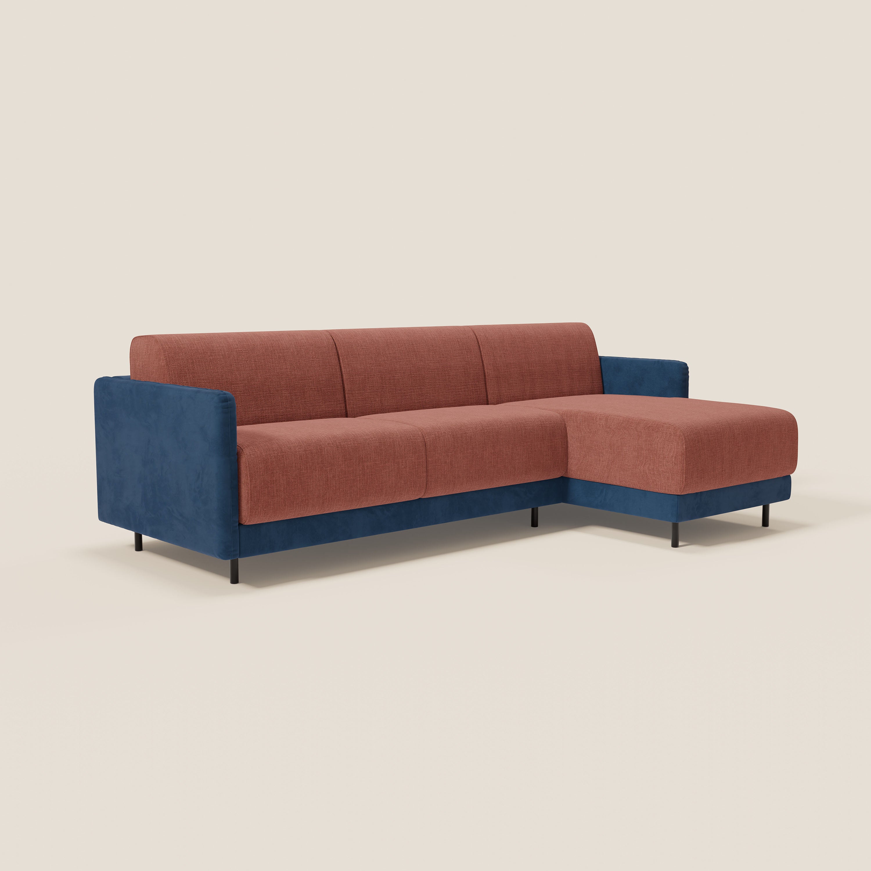 Narciso divano letto angolare con materasso alto 18 cm e penisola contenitore in tessuto bicolore impermeabile T11 e T06 - divani.store