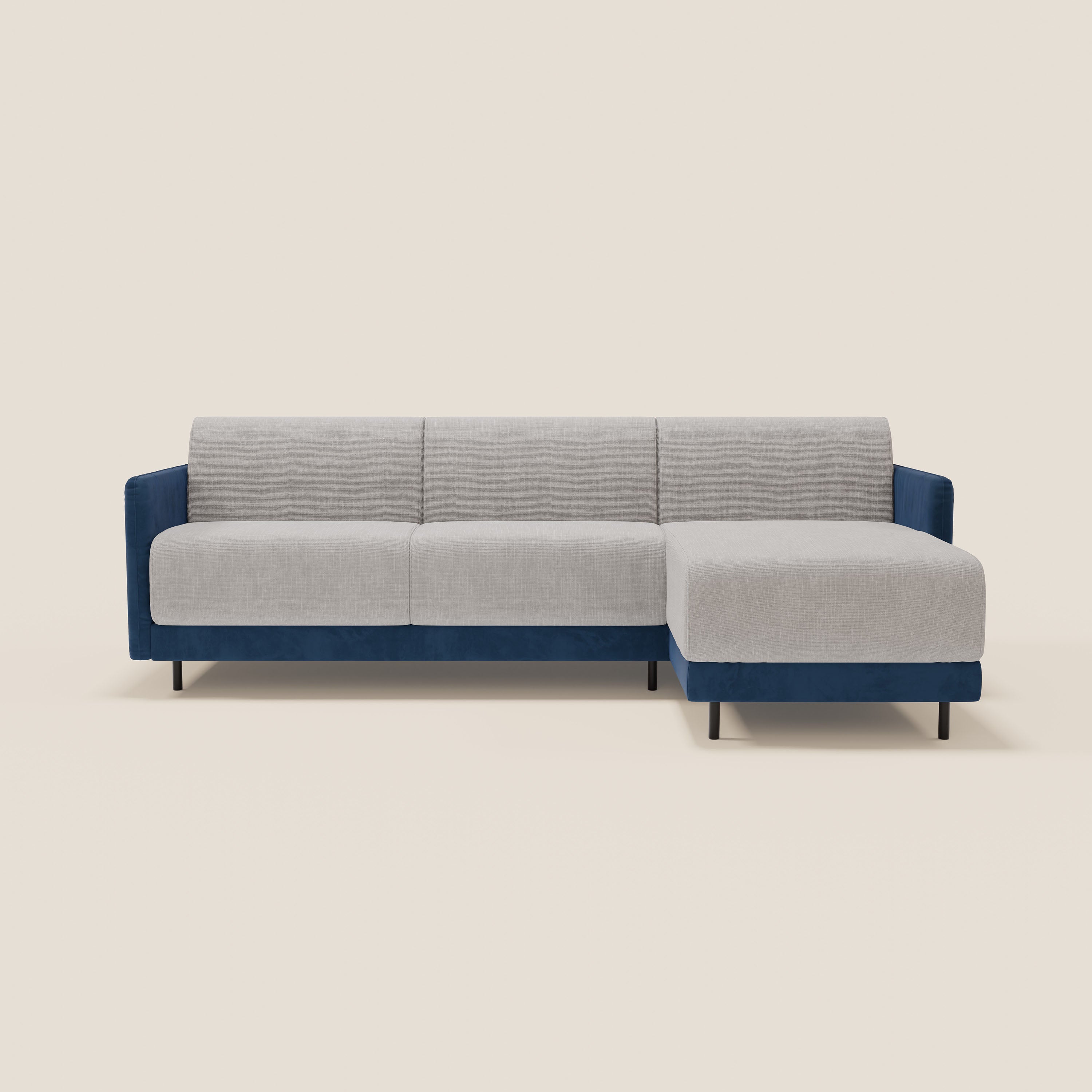 Narciso divano letto angolare con materasso alto 18 cm e penisola contenitore in tessuto bicolore impermeabile T11 e T06 - divani.store
