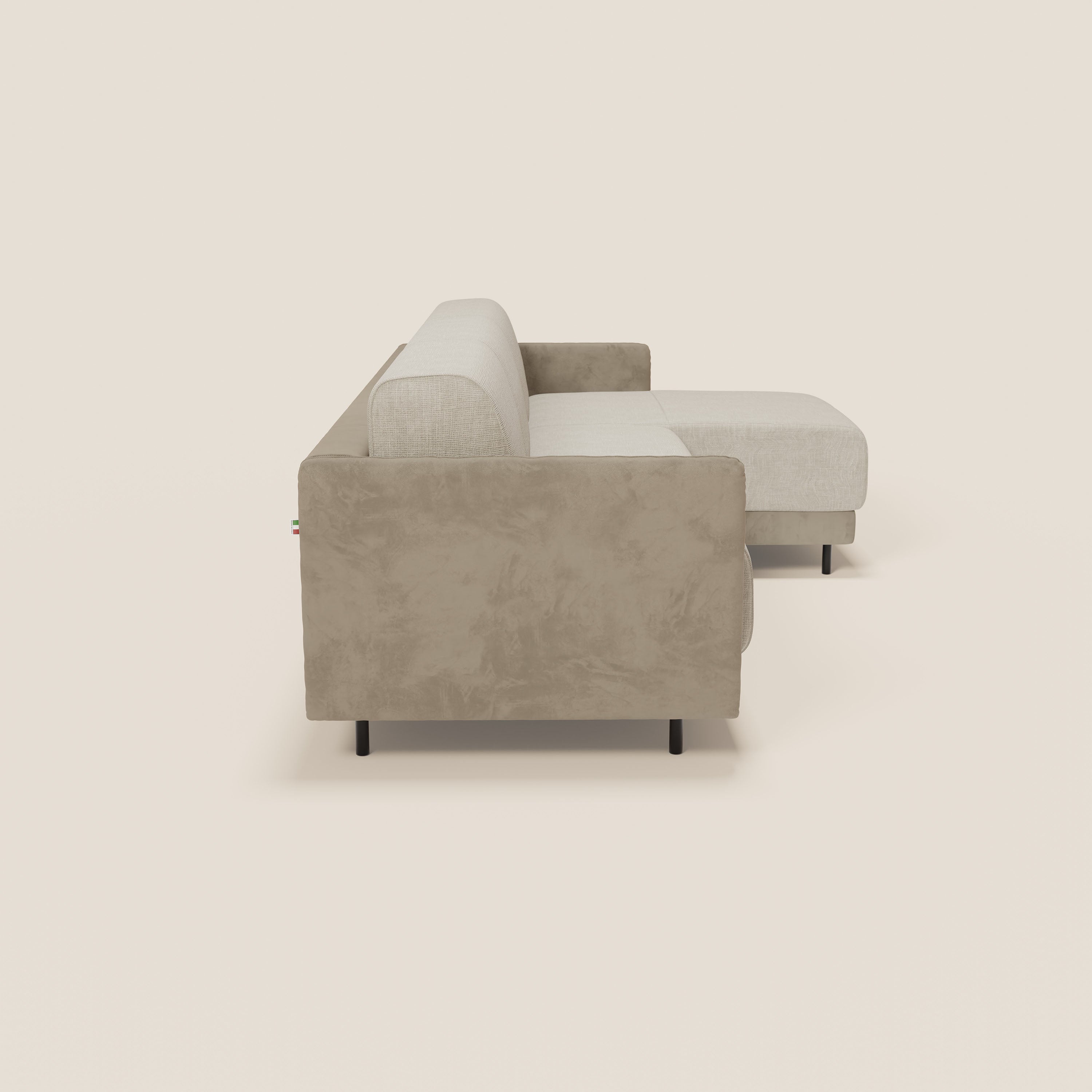 Narciso divano letto angolare con materasso alto 18 cm e penisola contenitore in tessuto bicolore impermeabile T11 e T06 - divani.store