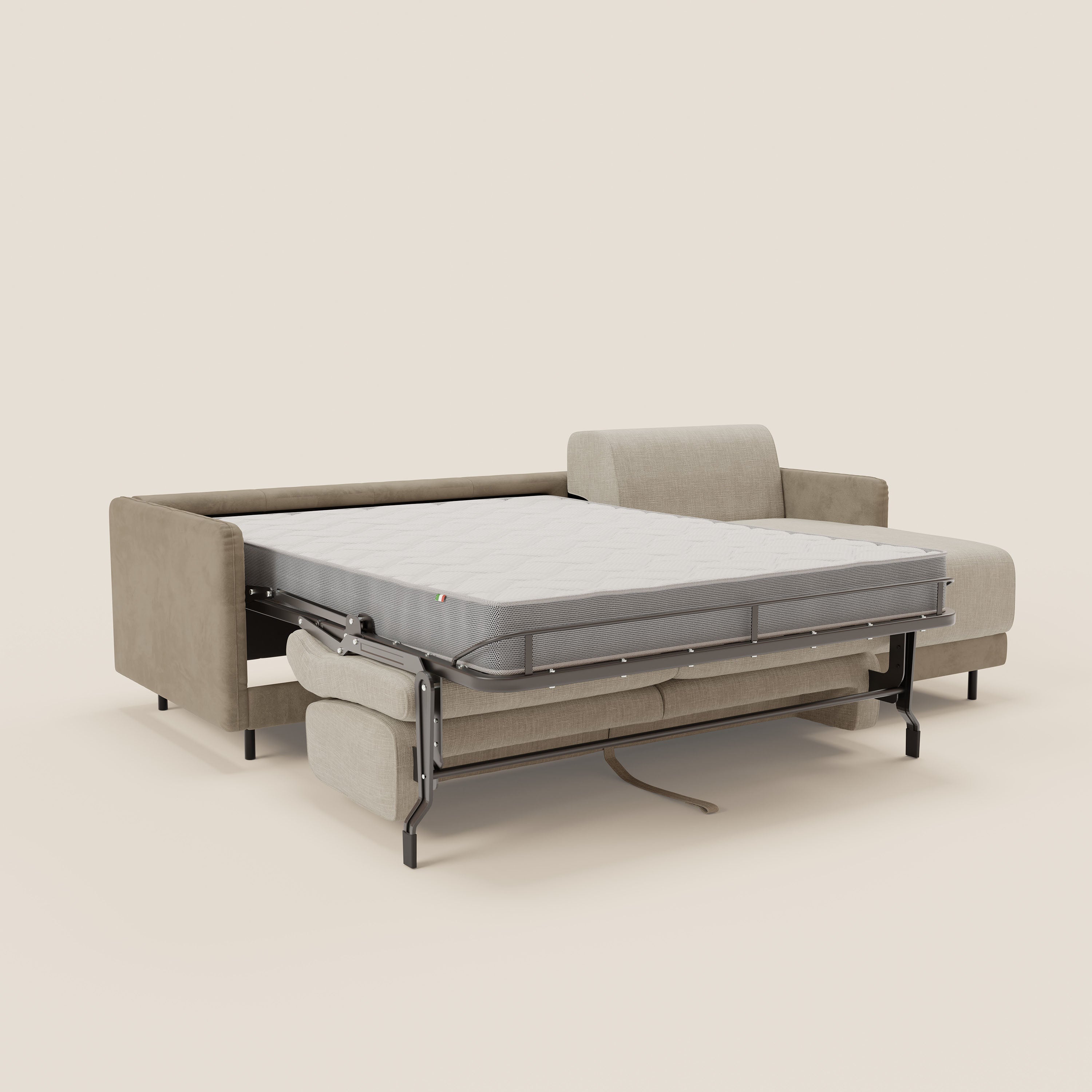 Narciso divano letto angolare con materasso alto 18 cm e penisola contenitore in tessuto bicolore impermeabile T11 e T06 - divani.store