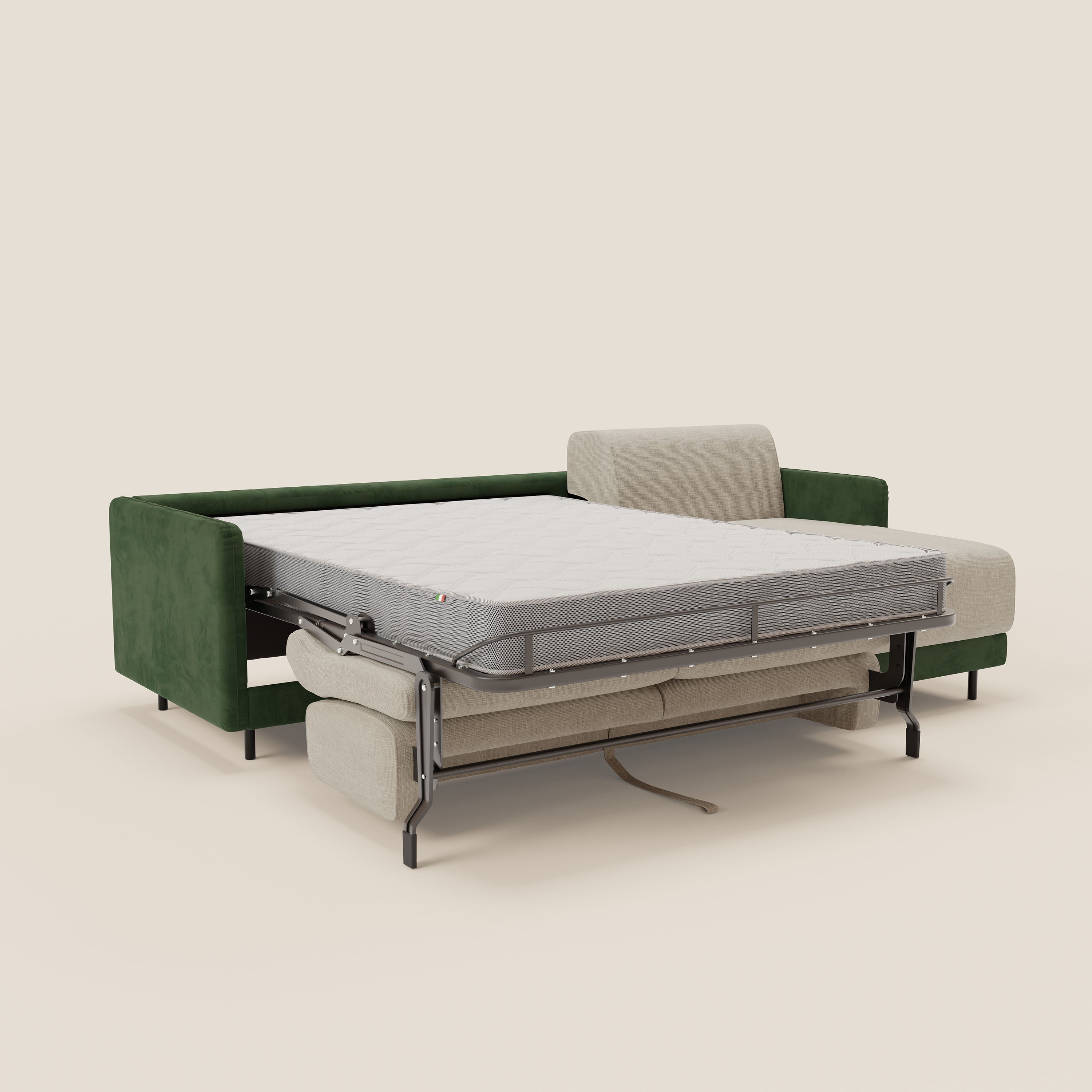 Narciso divano letto angolare con materasso alto 18 cm e penisola contenitore in tessuto bicolore impermeabile T11 e T06 - divani.store