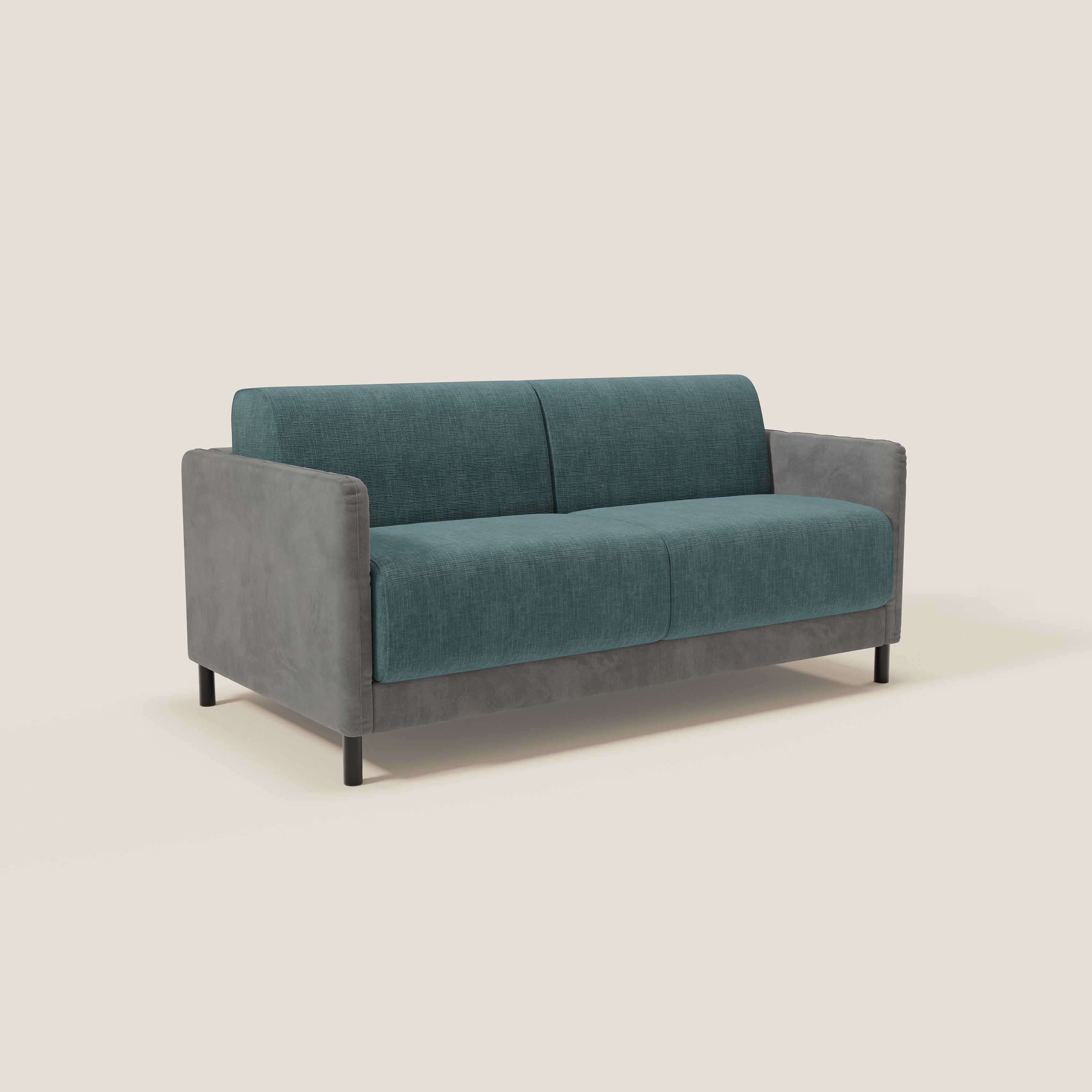 Il divano letto Narciso di Divani.Store è caratterizzato da un design bicolore con struttura in microfibra lavabile, cuscini in tessuto impermeabile grigio scuro e verde acqua, gambe sottili nere e materasso H18 cm per un comfort superiore.