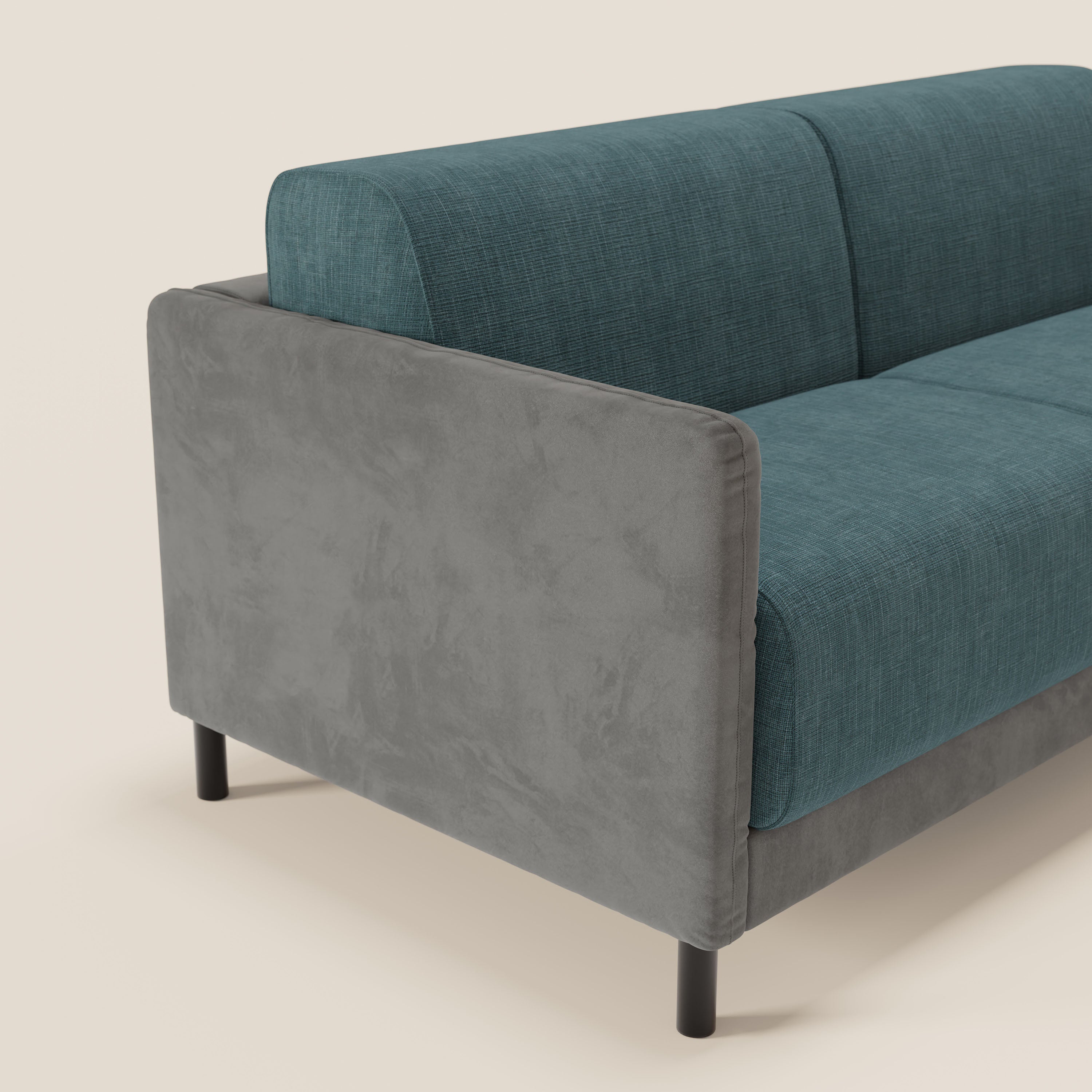 Il divano letto Narciso di Divani.Store è caratterizzato da un design bicolore con struttura in microfibra antimacchia, elegante rivestimento impermeabile T06 grigio scuro e verde acqua, sottili gambe nere, linee pulite e minimaliste e un comodo materasso H18 cm.