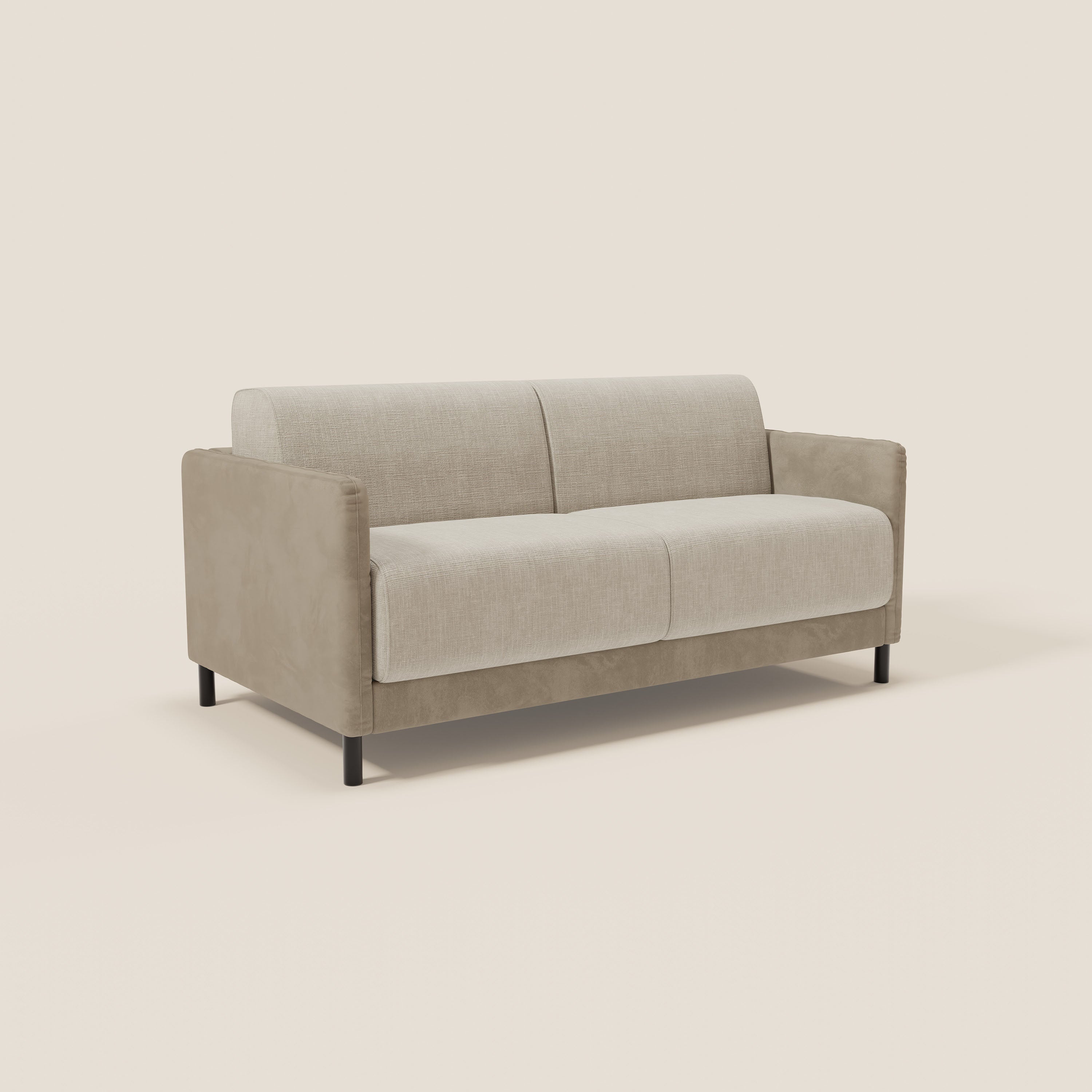 Il divano letto Narciso 160 cm di Divani.Store ha un design moderno a due posti con microfibra smacchiabile, cuscini in tortora impermeabile e materasso a doghe H16 cm, ideale per linee pulite e comfort.