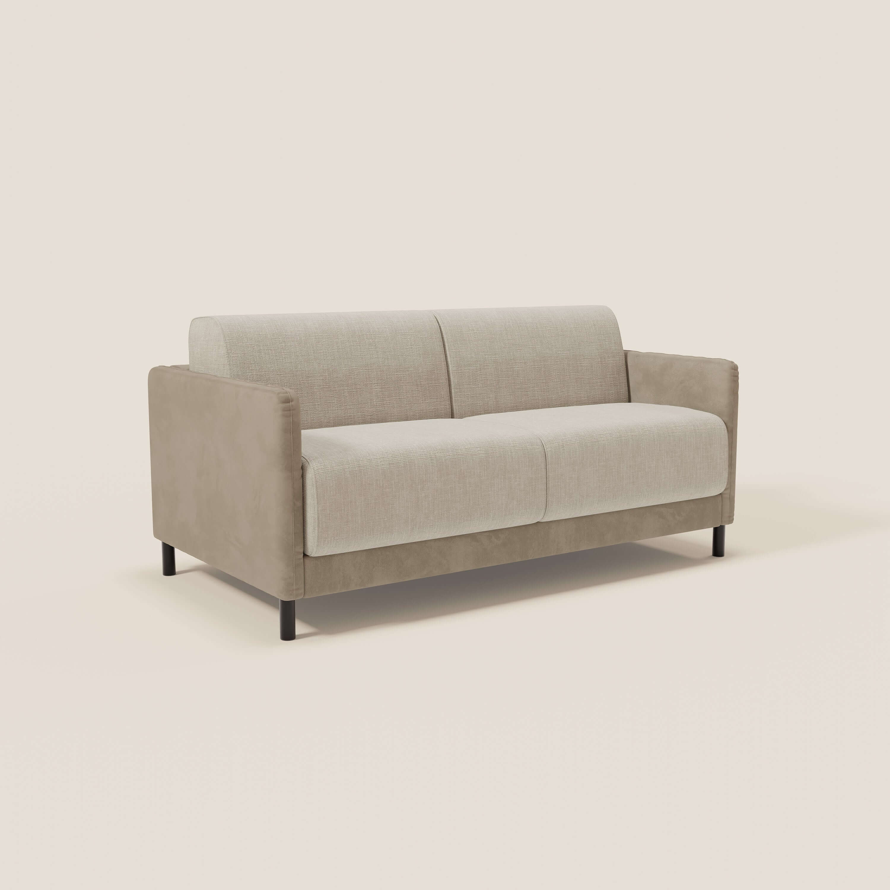 Il divano letto Narciso 160 cm di Divani.Store ha un design moderno a due posti con microfibra smacchiabile, cuscini in tortora impermeabile e materasso a doghe H16 cm, ideale per linee pulite e comfort.