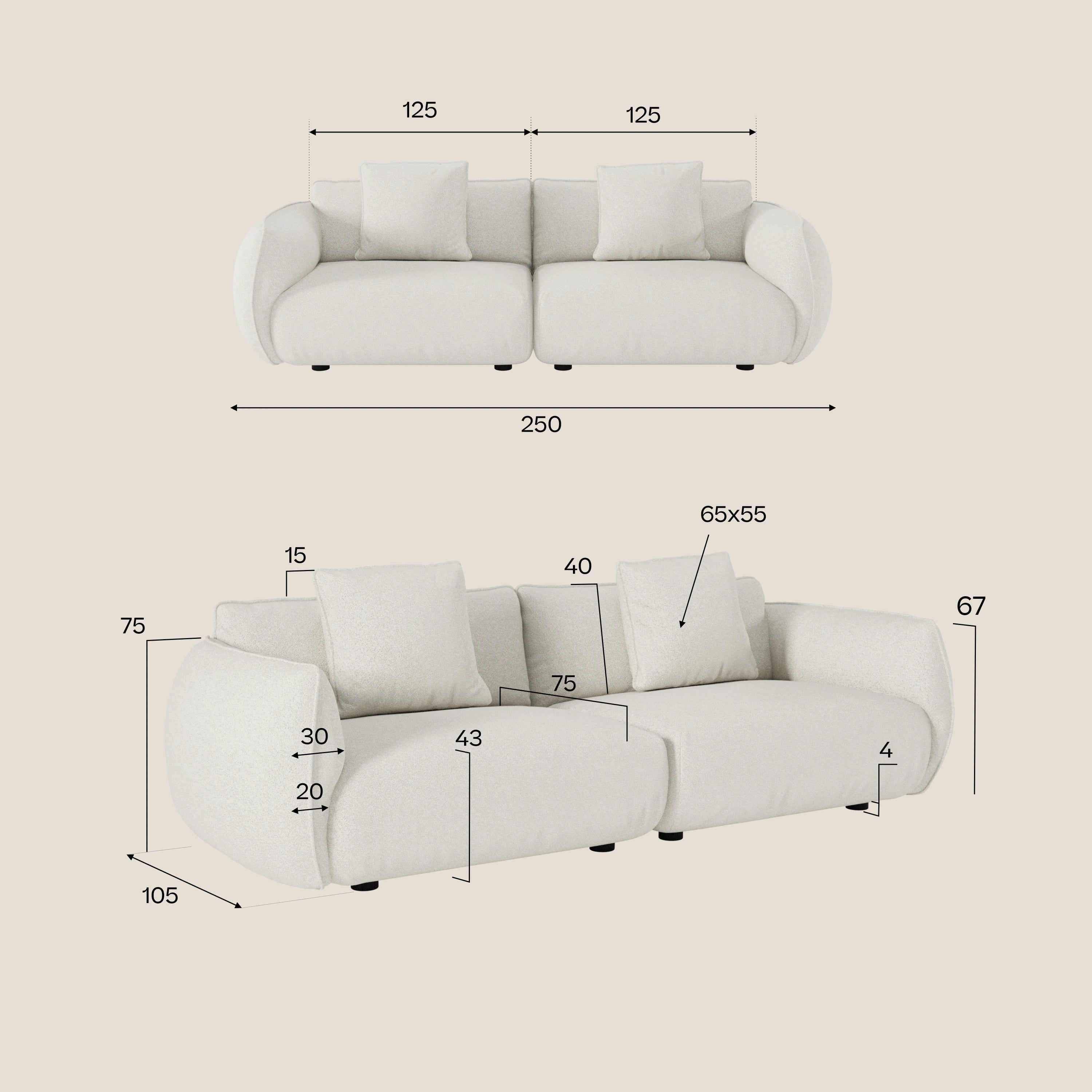 Due viste del divano Nimbus 3 posti modulare e componibile di Divani.Store: fronte (larghezza 250 cm), lato (profondità 105 cm, altezza 67 cm), cuscini etichettati (65x55 cm) e altezza della seduta (43, 30, 20, 4 cm).