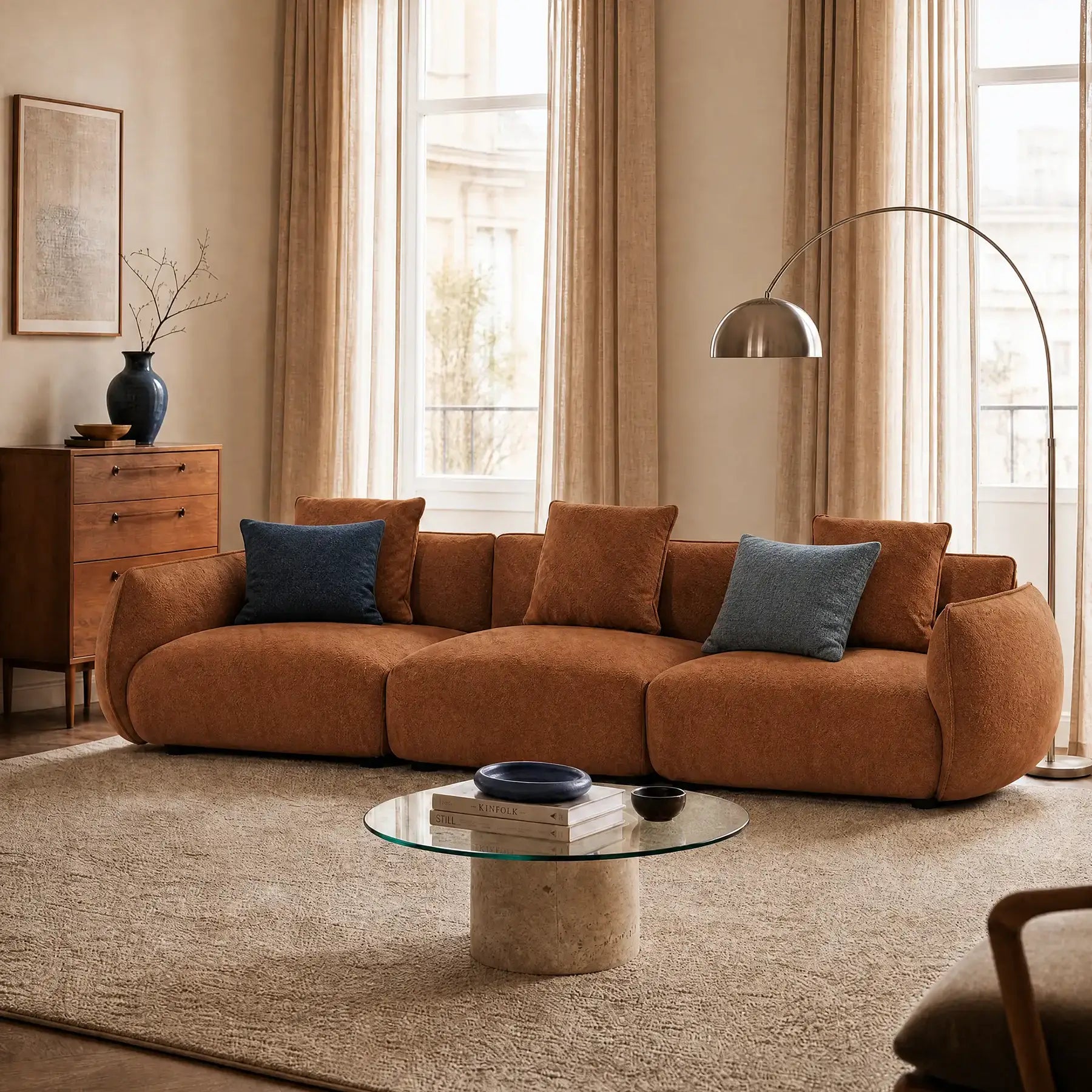 Soggiorno moderno con divano modulare a 3 sedute Nimbus di Divani.Store in morbido tessuto di cotone antimacchia, cuscini blu, tavolino in vetro con base in pietra, tappeto beige, comò in legno con vaso, lampada ad arco e ampie finestre con tende beige.