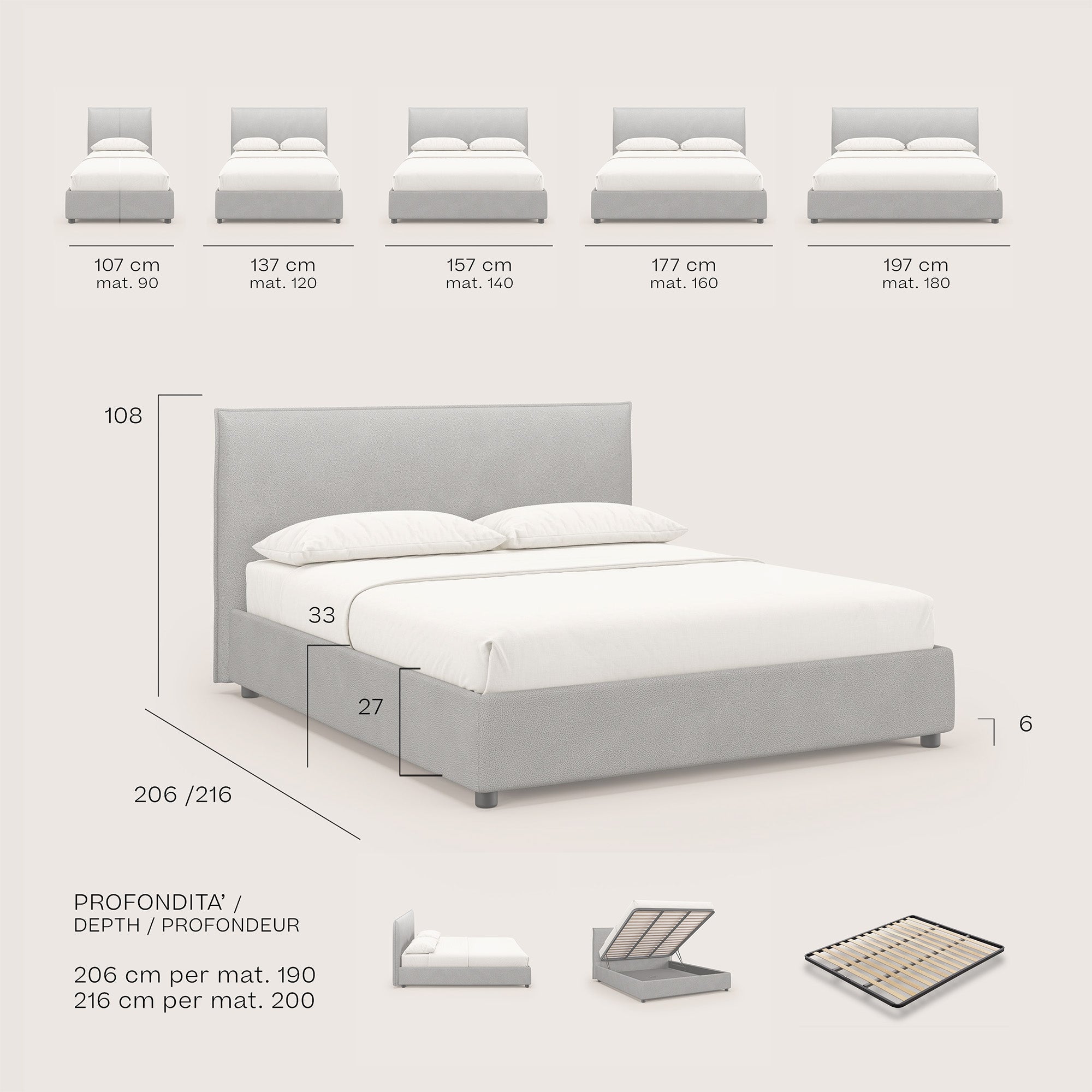 Nina letto contenitore dal design minimal in microfibra effetto pelle smacchiabile T15 grigio - divani.store