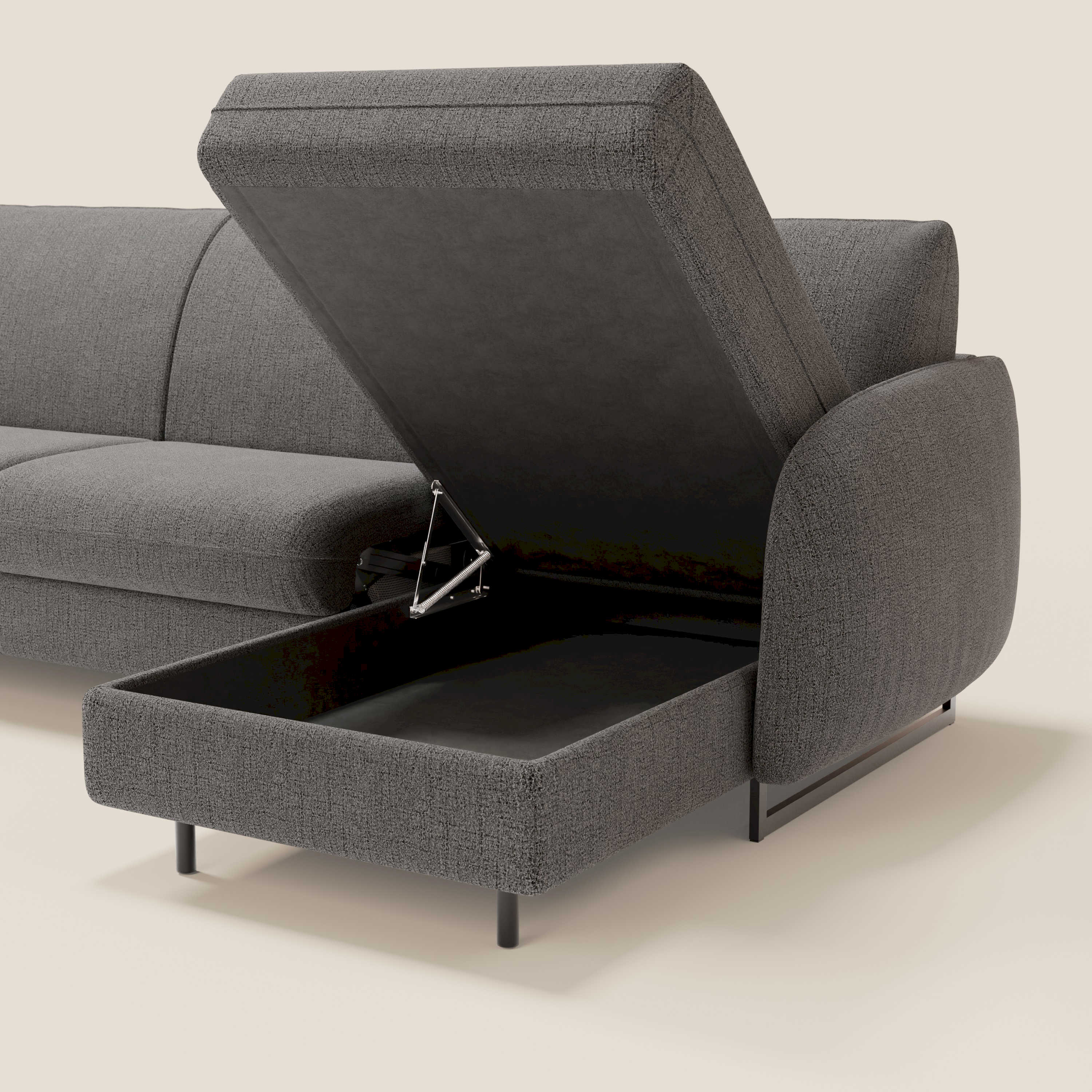 Ninfea Divano Letto Angolare con Penisola Contenitore e Materasso H18 cm - piedini in metallo e Tessuto impermeabile T03 - divani.store